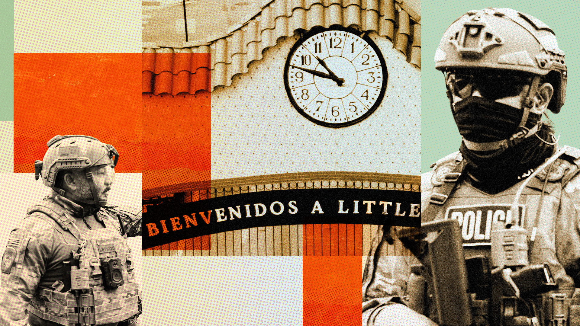 A designed image shows ice officers and the Little Village arch