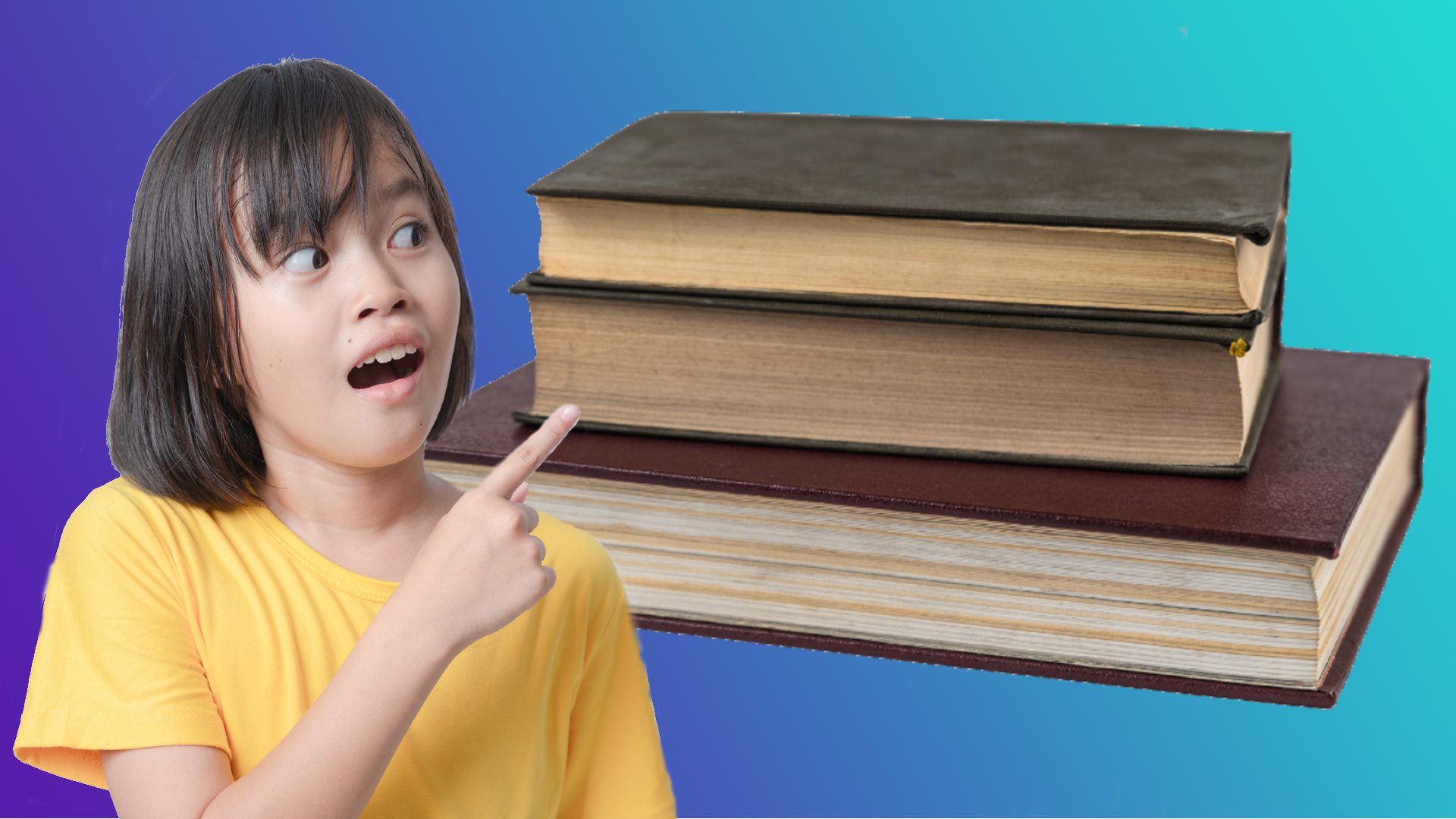 Girl with shocked expression pointing at pile of books.