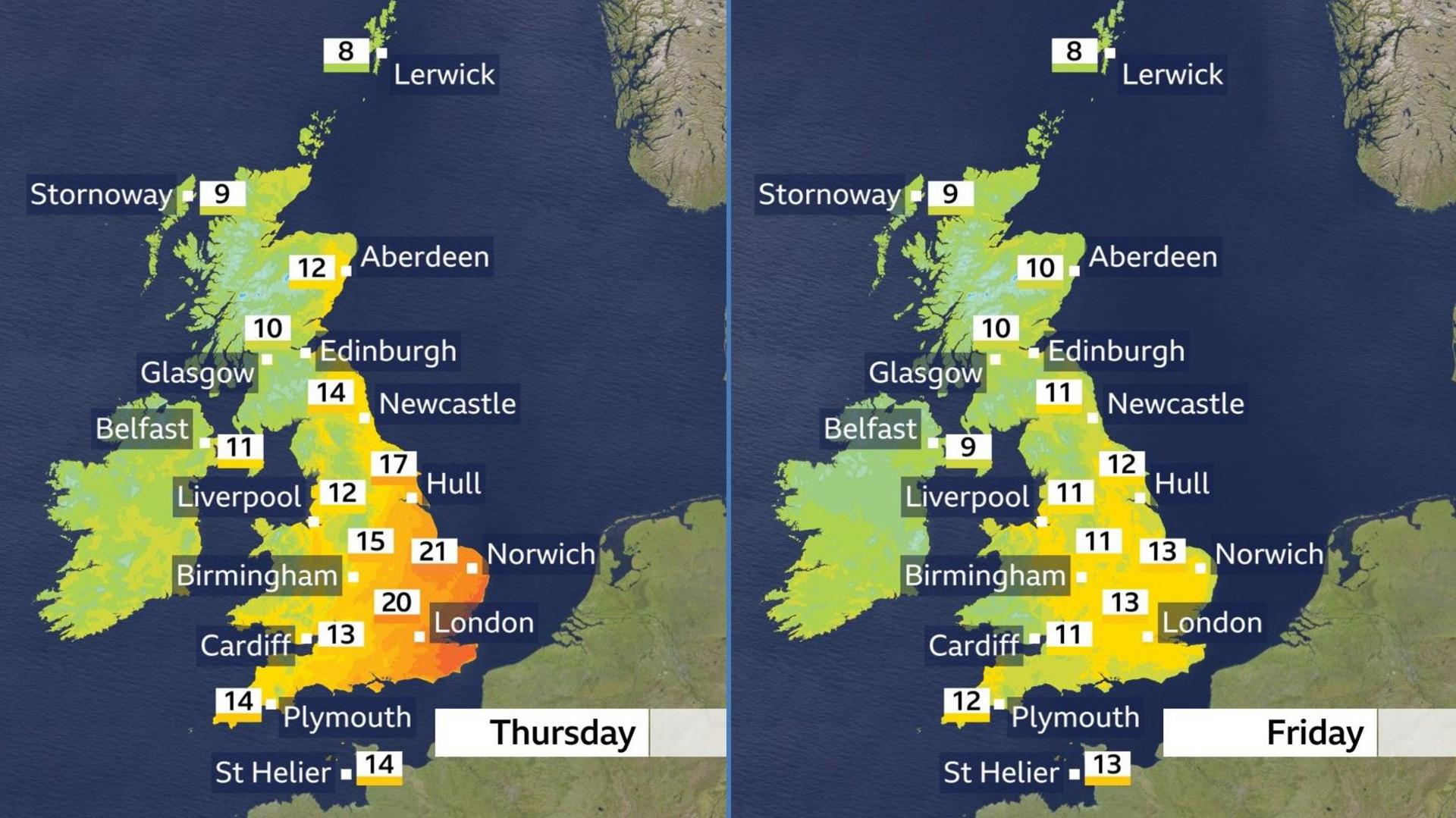 Two weather maps showing temperatures across the UK for Thursday and Friday