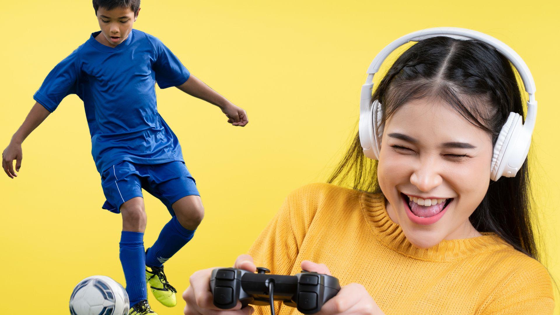 A combined image of a young footballer kicking a ball and a young smiling gamer holding a controller