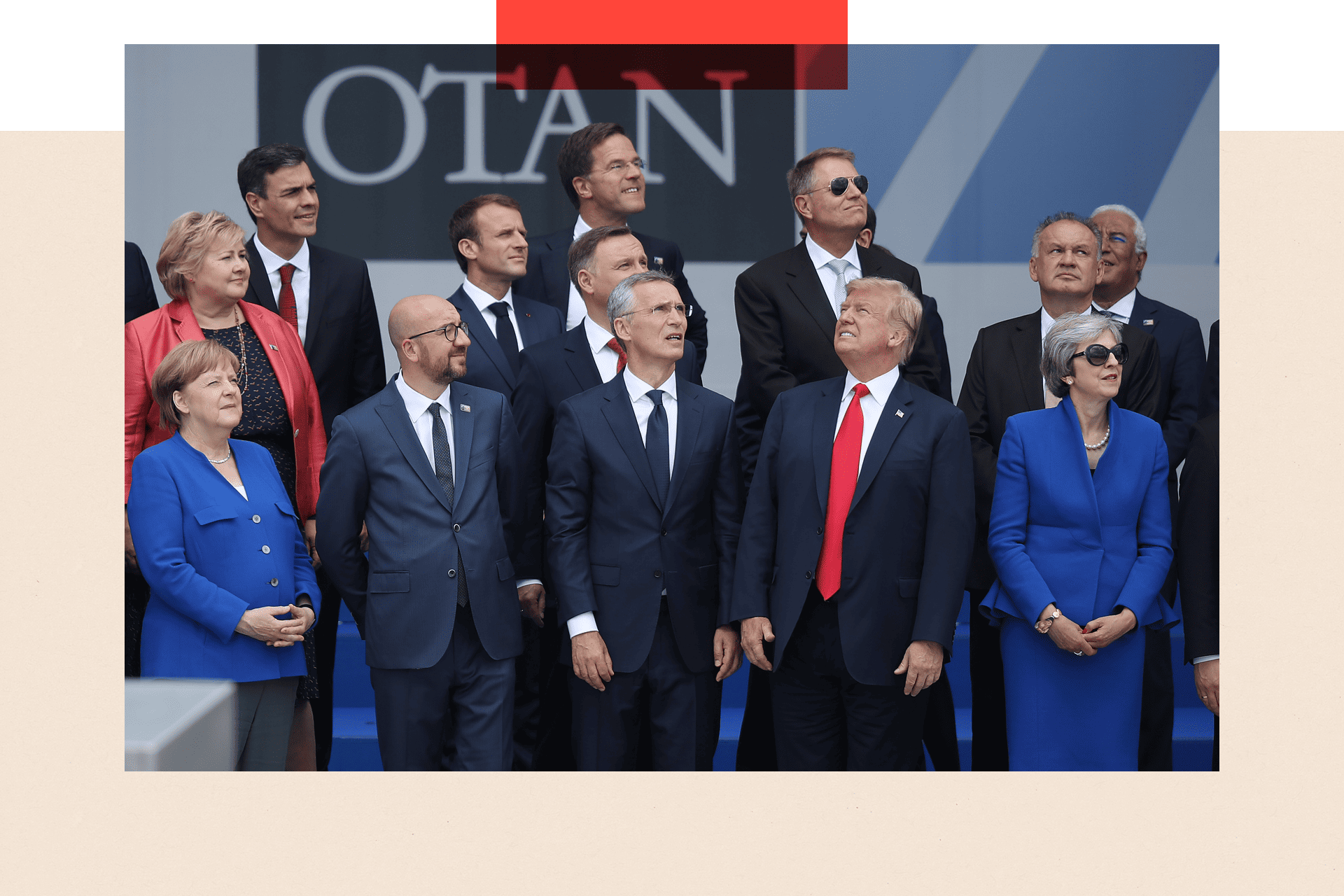 German Chancellor Angela Merkel, Belgian Prime Minister Charles Michel, NATO Secretary General Jens Stoltenberg, US President Donald Trump and British Prime Minister Theresa May attend the opening ceremony at the 2018 Nato Summit on 11 July 2018 in Brussels, Belgium.