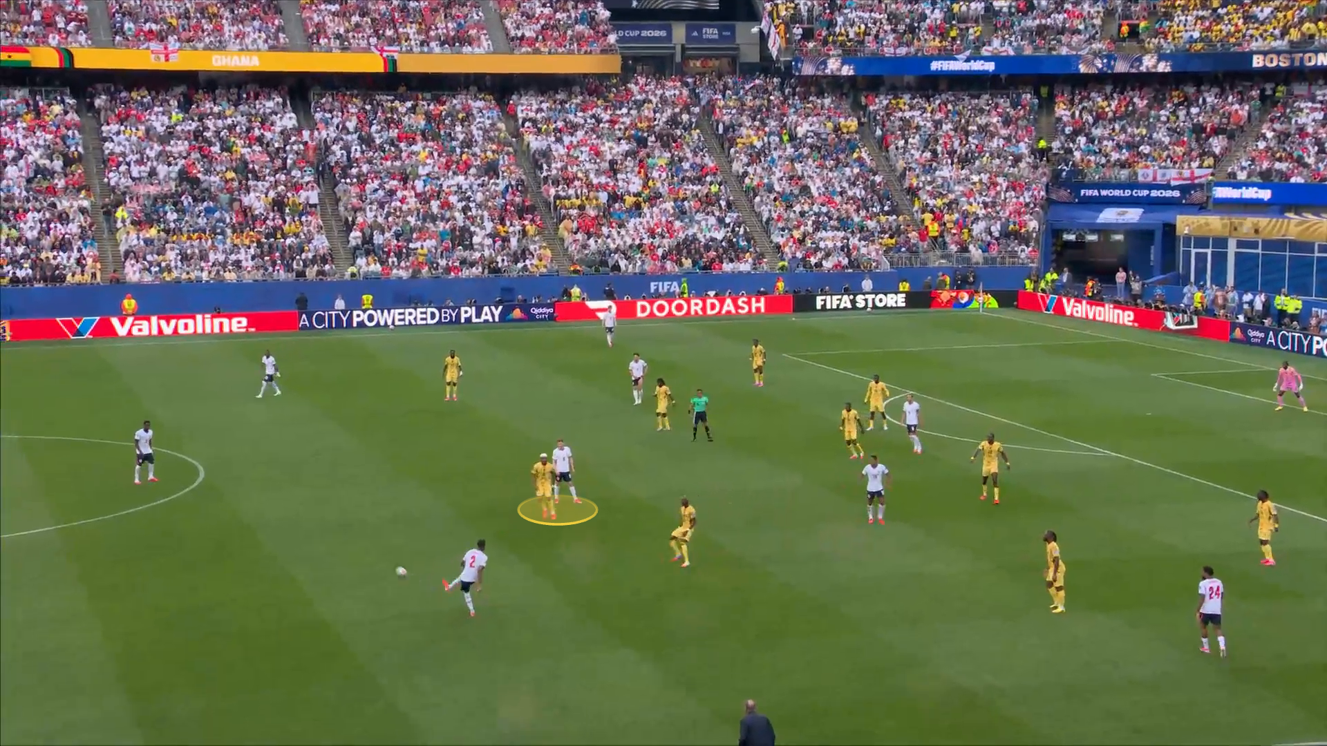 Screen grab from England vs Ghana. It shows Anderson being man marked, highlighted by a yellow circle.