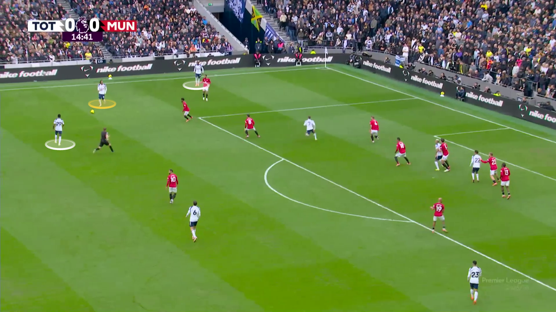 Screengrab from Spurs vs United this season highlighting the three right footed players playing on the left side making it harder for them to attack out wide.
