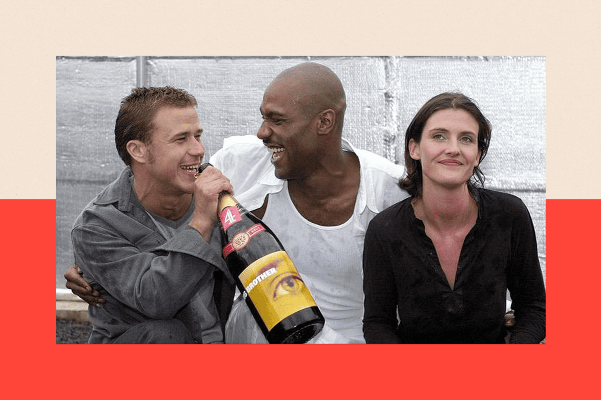 Craig Philips (left) winner of Big Brother, celebrates outside the house with fellow contestants Anna Nolan and Darren Ramsey