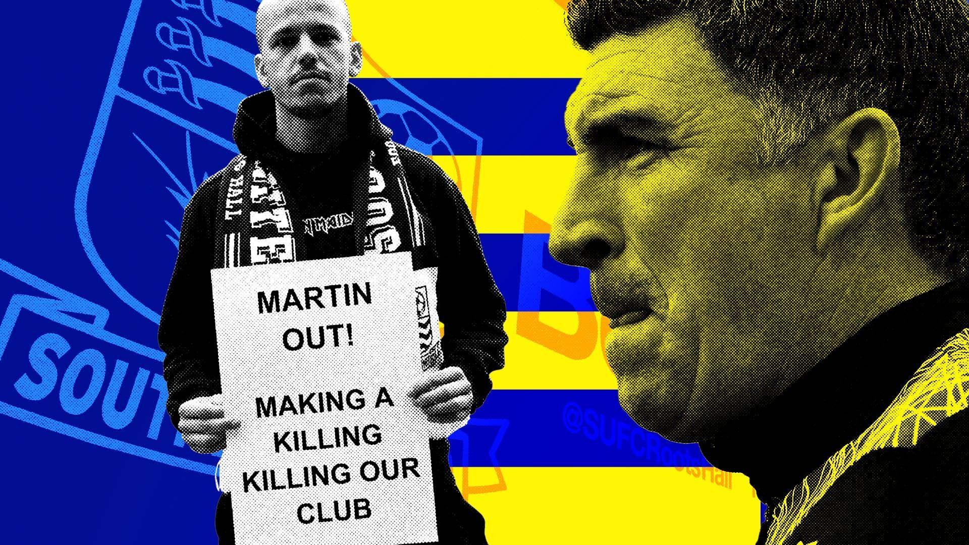 A graphic featuring Kevin Maher and a Southend United supporter. It has a blue and yellow background with the club badge to the left. Maher is biting his lip and looks focused. The supporter is holding a placard calling for the club's owner, Ron Martin, to leave the club. The supporter is wearing a black hoodie and looks serious.