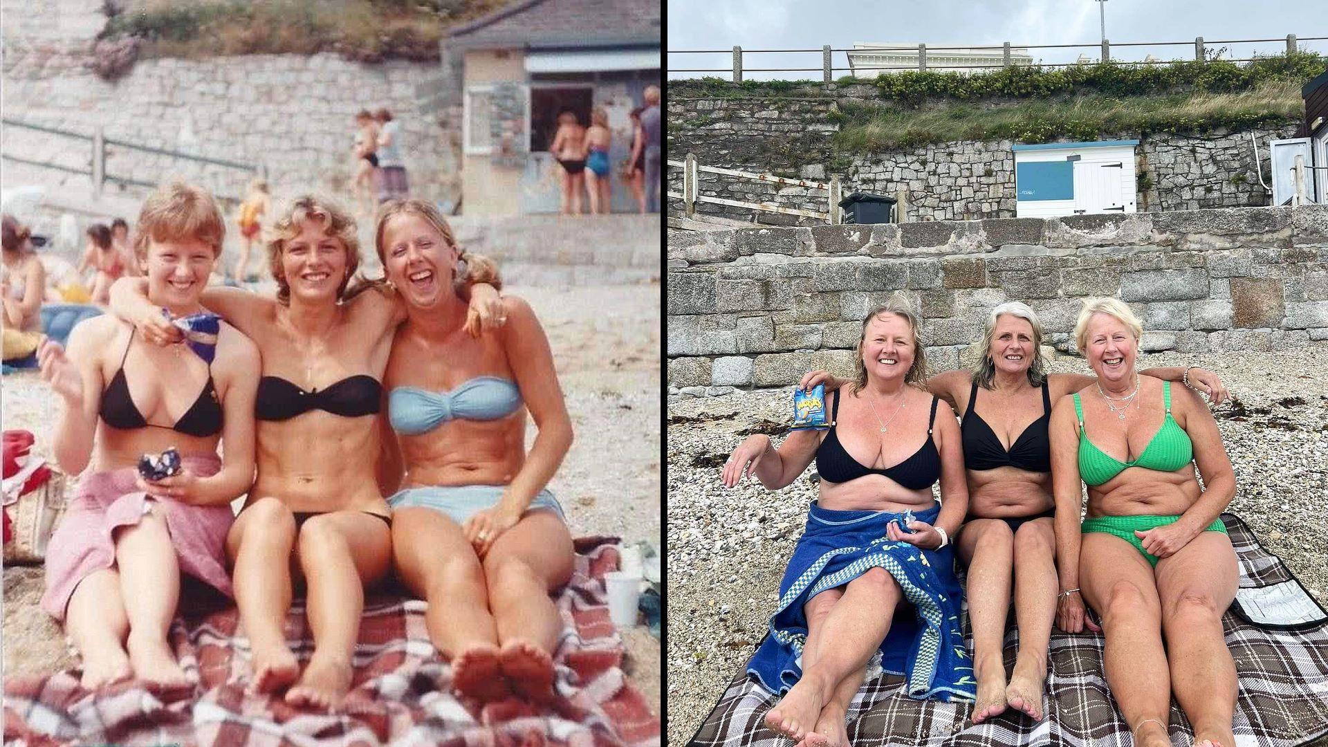 Two pictures of three women sat on a beach wearing bikinis - one picture on the left and another on the right, sitting on a patterned rug with a beachfront behind and a kiosk.