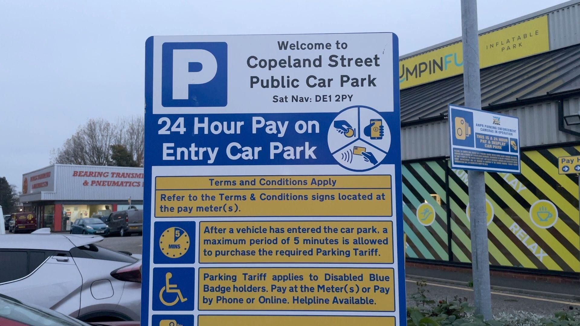 Sign at entrance to Copeland Street car park