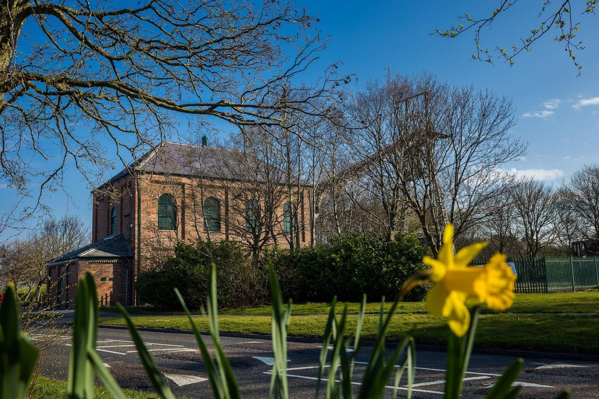 Washington's F-Pit museum with a daffodil in the foreground 