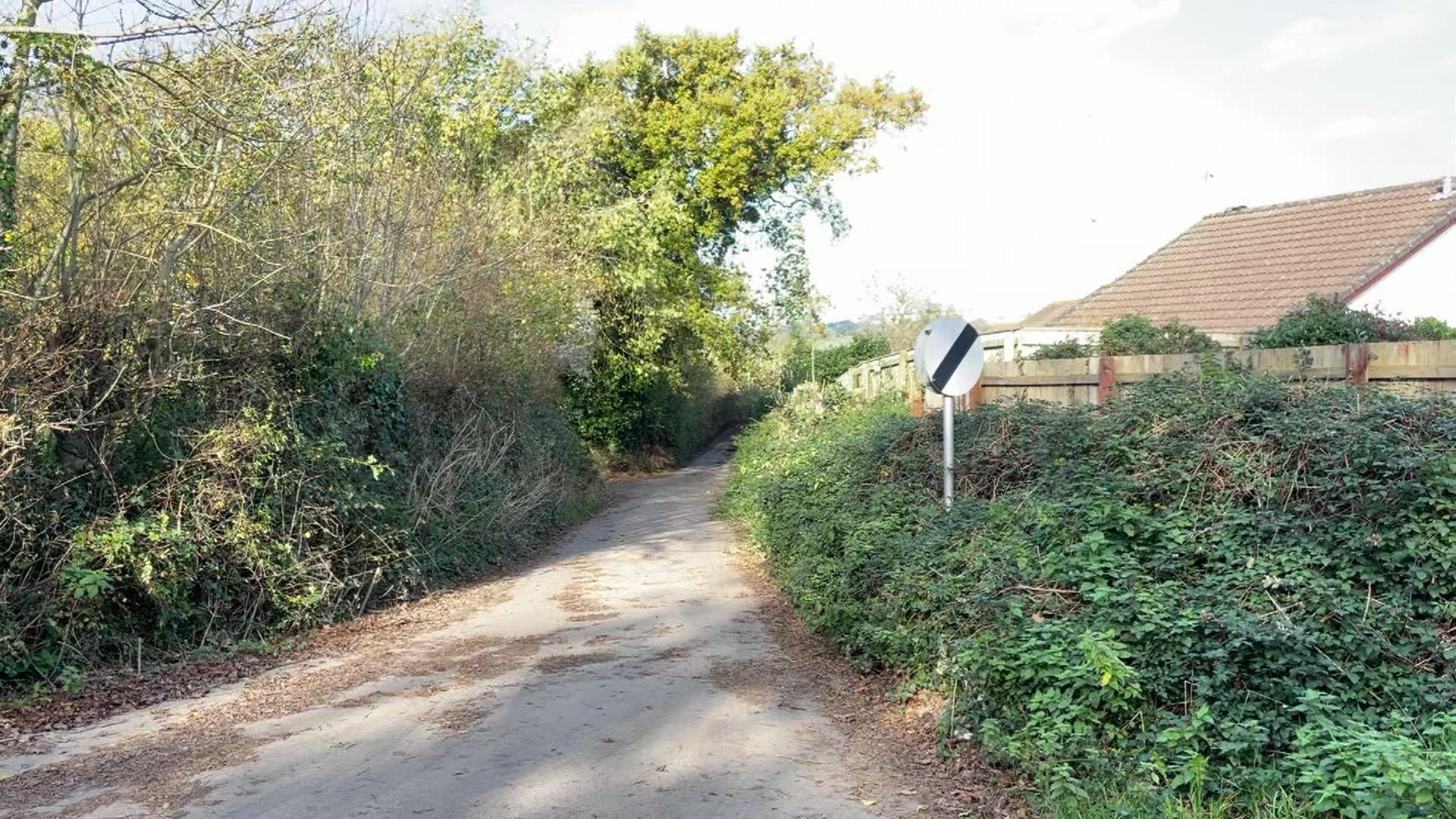 A single track road is seen, surrounded by vegetation, with a house to the right. 