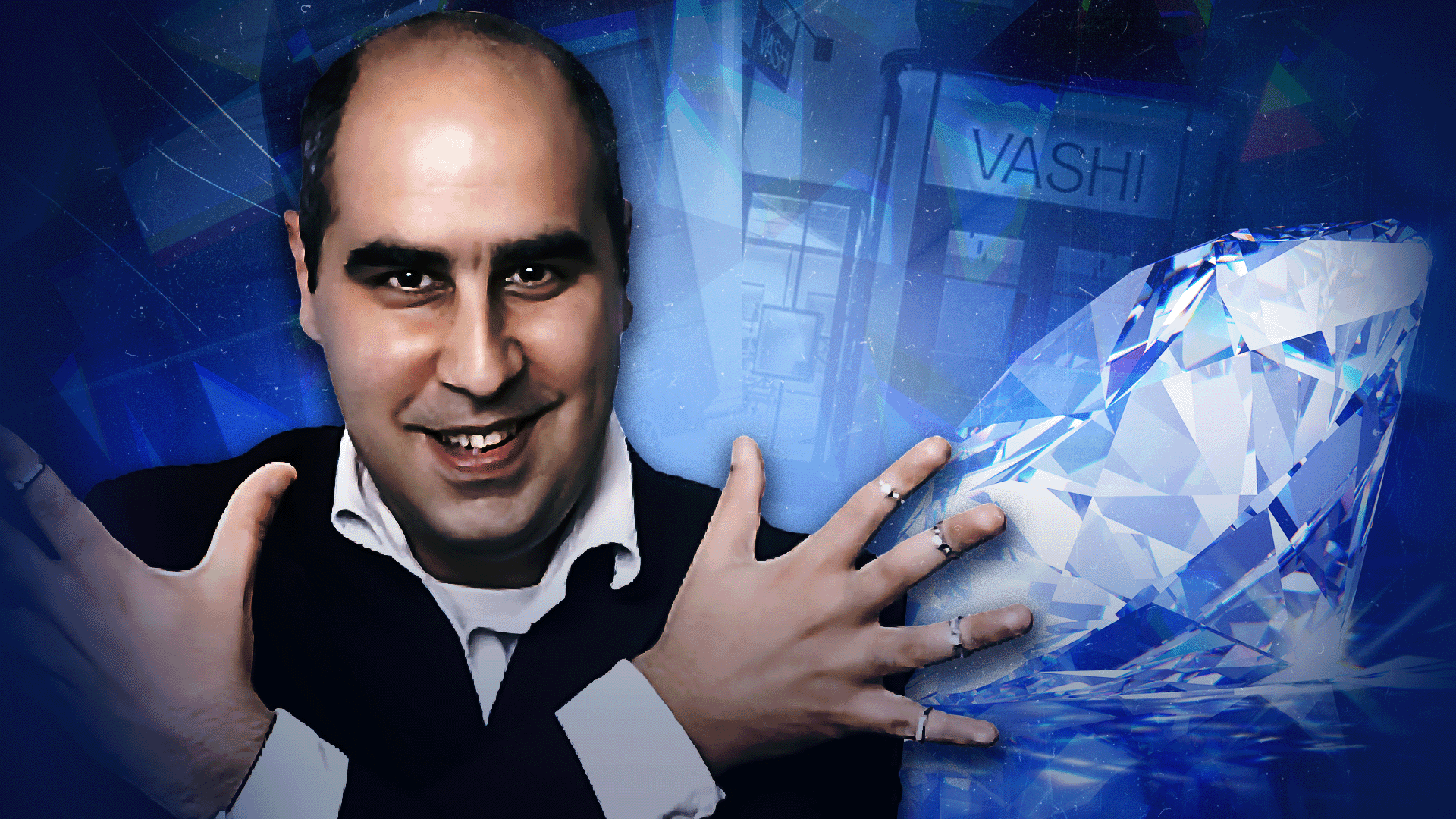 A composite image with a portrait of Vashi Dominguez, a balding man with dark hair at the sides of his head, wearing a dark suit and a white shirt, smiling at the camera with his arms crossed over his body and gleaming rings on each of his fingers. The blue background of the image features sparkling diamonds overlaid on top of an image of the front of one of his Vashi retail stores.