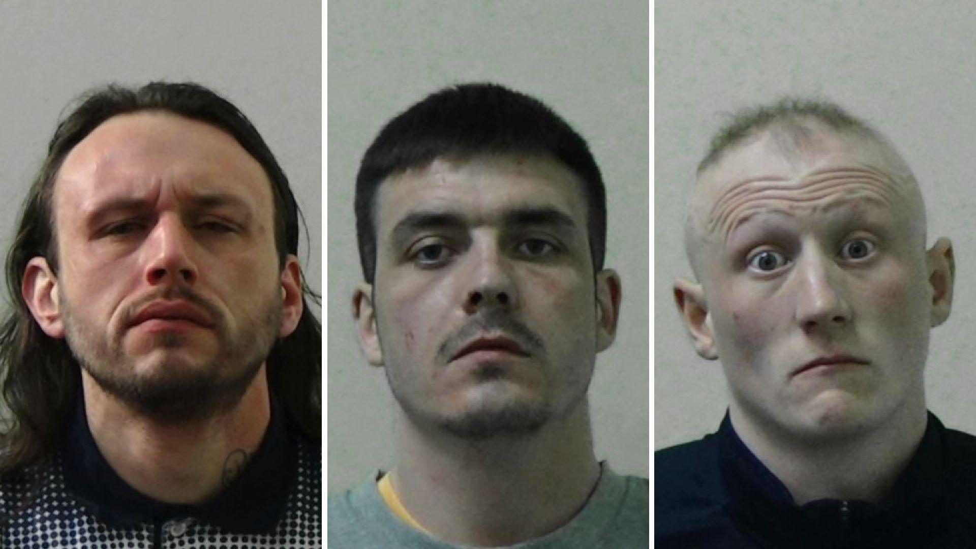 Mugshots of the three men. Ingram has long dark hair going down beyond his shoulders and a thin black beard. Benstead has stubble and short black hair. Howey is balding with very thin fair hair, clean shaven with a quizzical expression on his face, his eyes opened wide and brow furrowed. He looks surprised.