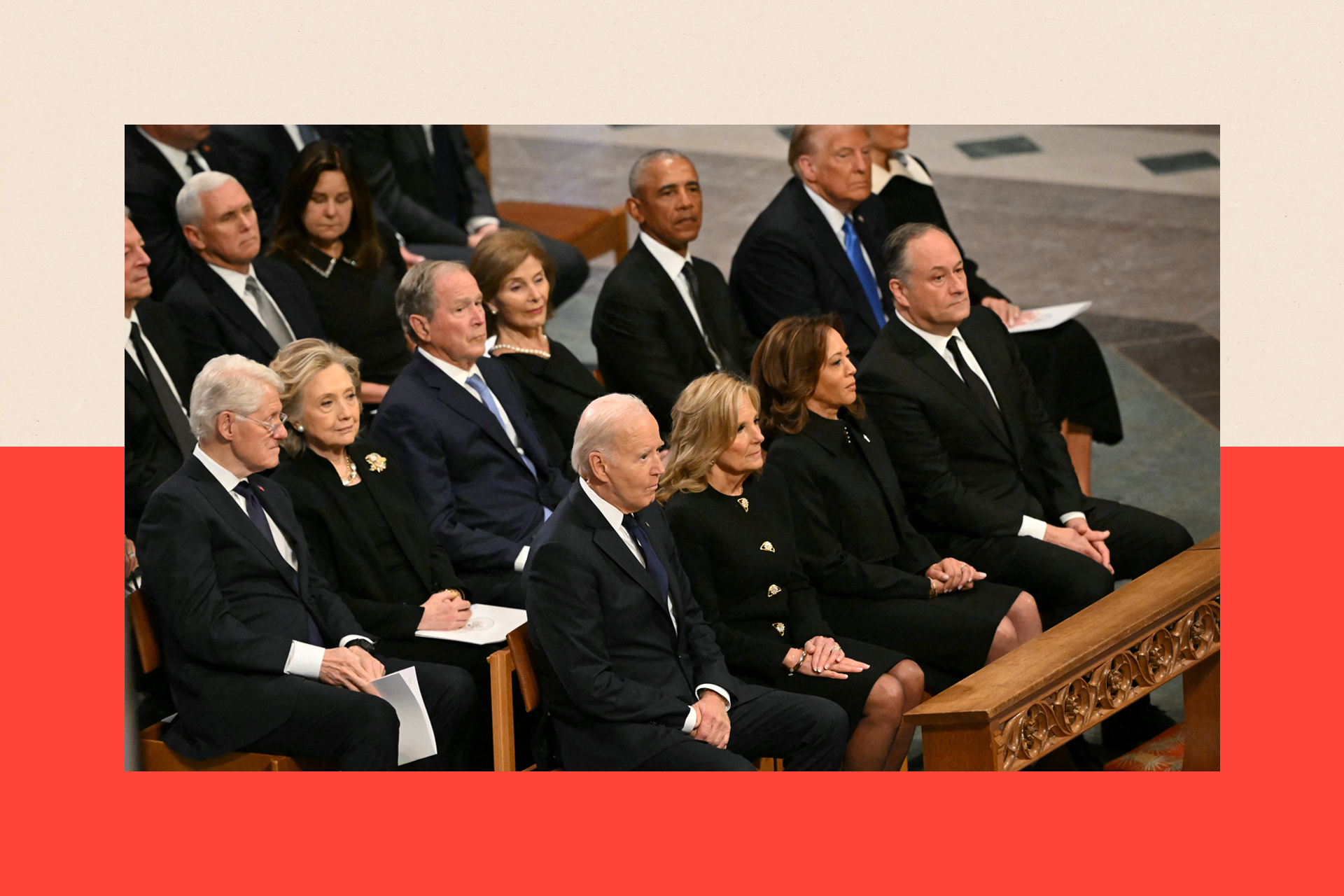 From left to right, front row, US President Joe Biden, First Lady Lady Jill Biden, Vice President Kamla Harris, Second Gentleman Doug Emhoff, second row, former President Bill Clinton, former Secretary of State Hillary Clinton, former President George W. Bush, his wife Laura Bush, former President Barack Obama, President-elect Donald Trump and his wife Melania Trump attend the State Funeral Service for former US President Jimmy Carter