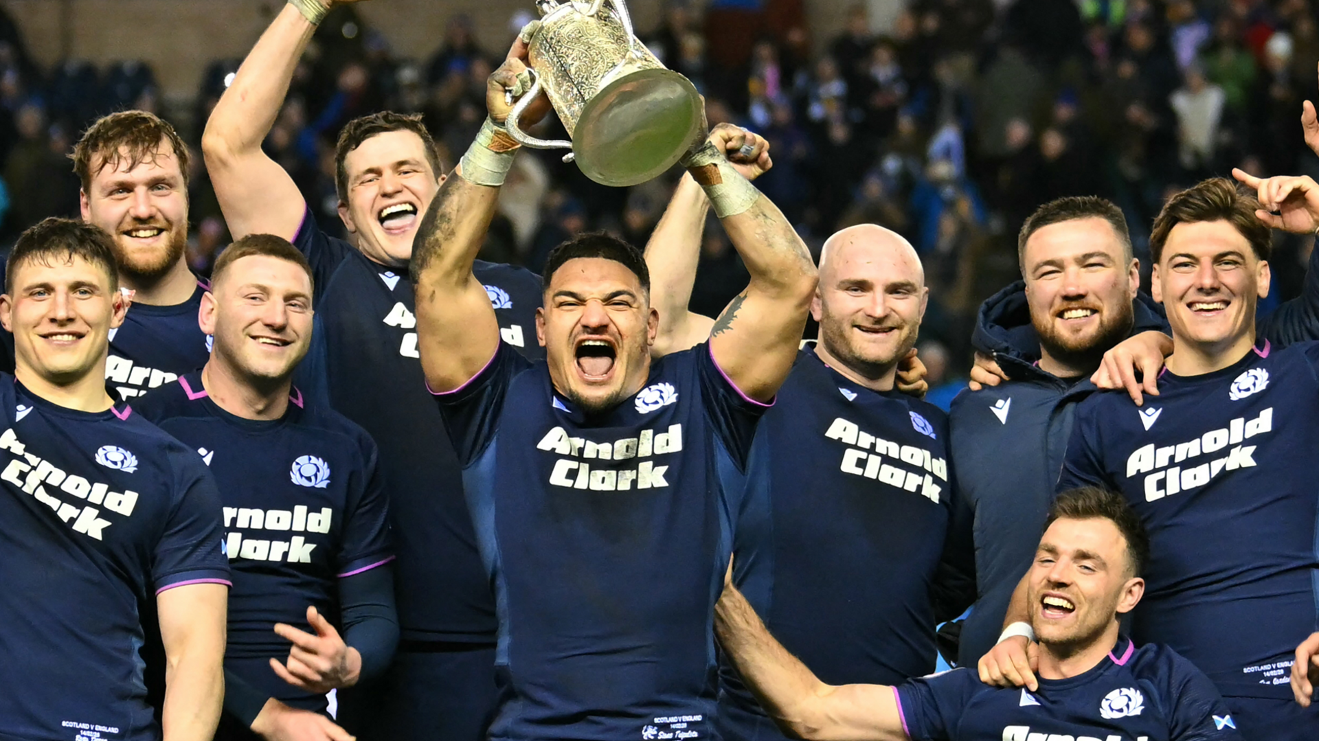 Scotland team celebrate with the 2026 Calcutta Cup