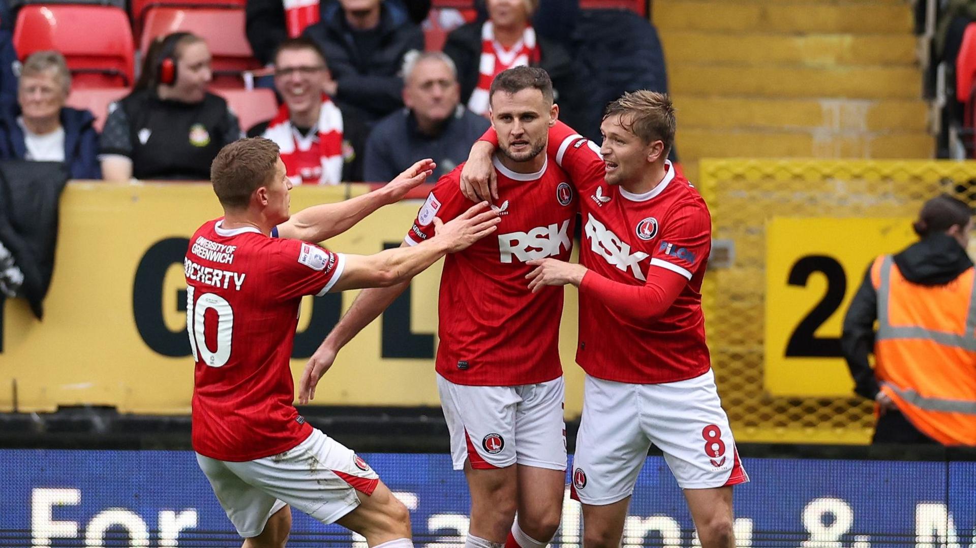 Macaulay Gillesphey of Charlton Athletic (centre) celebrates 