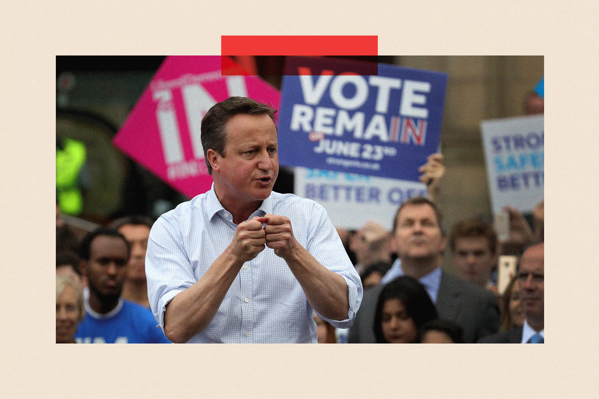 David Cameron addressing students and pro-EU 'Vote Remain' supporters, many who have banners, during his final campaign speech 