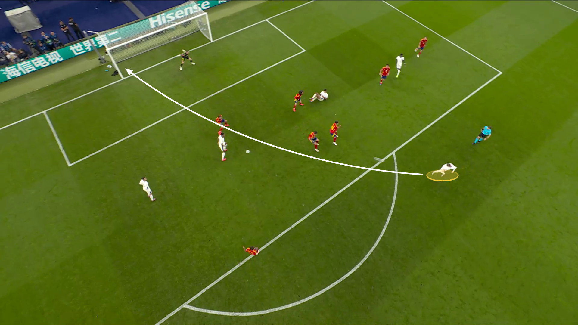 Screengrab from England's equaliser from the Euro 2024 final. This still shows Cole Palmer's striker from outside the box, the trajectory of the shot drawn with an arrow.