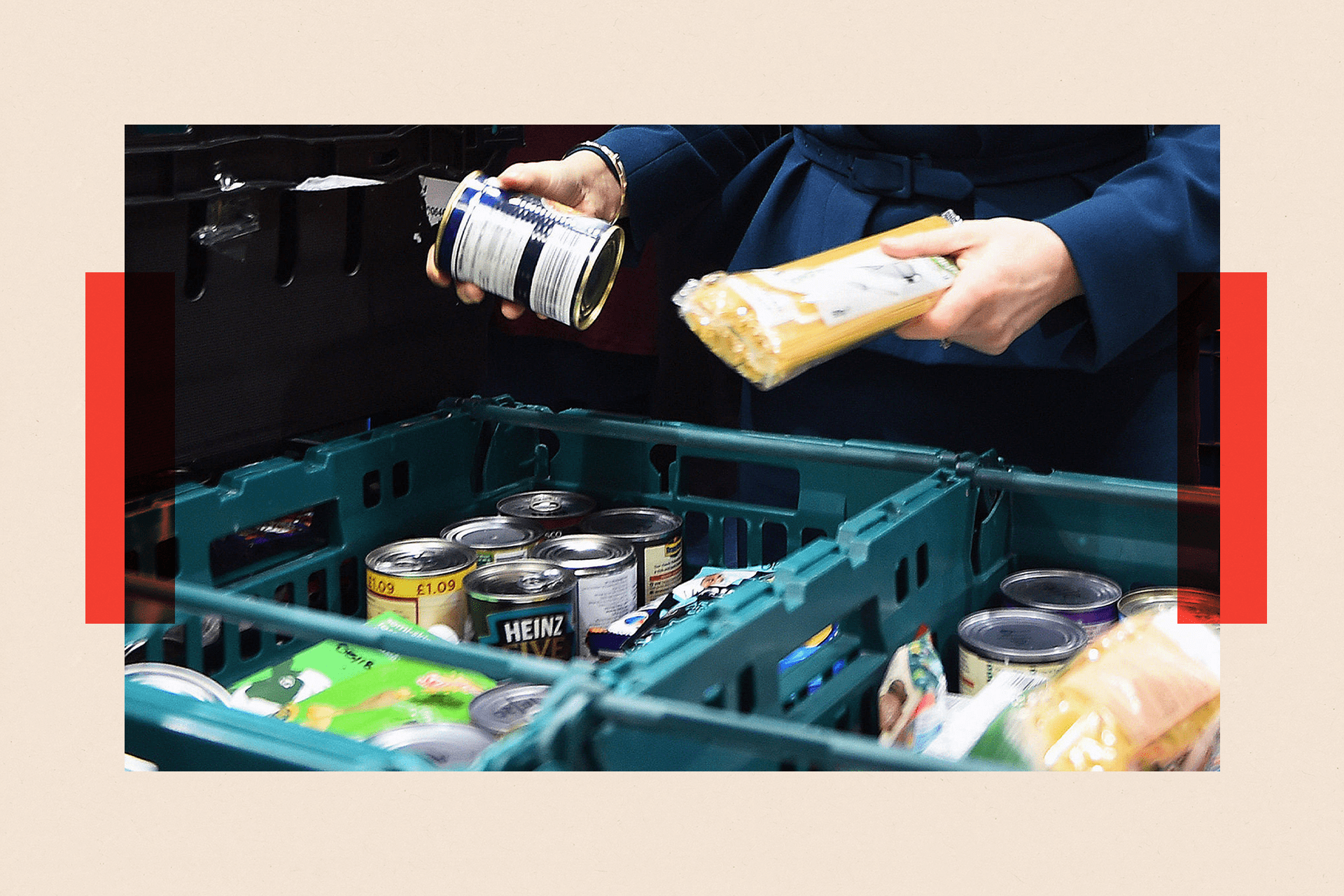 A photo of canned goods and spaghetti at a food bank