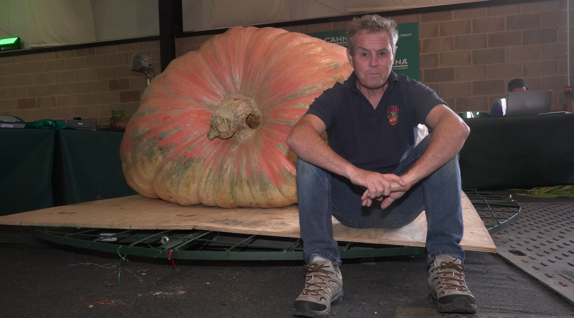 A man sitting down, knees up, in front of an enormous pumpkin on plywood. 