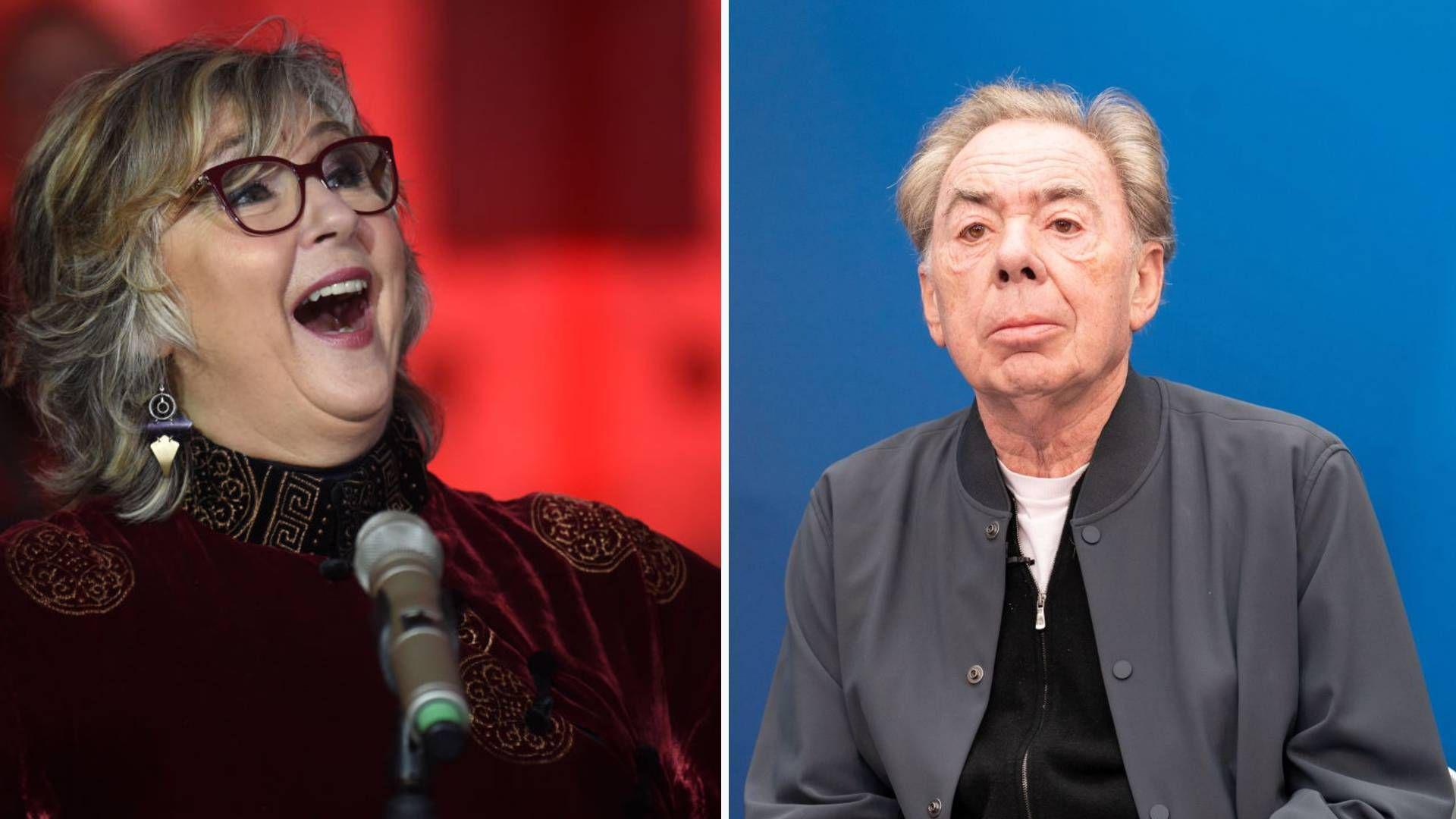 Lesley Garratt (left) in dark red singing, against a red background and Andrew Lloyd Webber, sat in a black jacket against a blue background