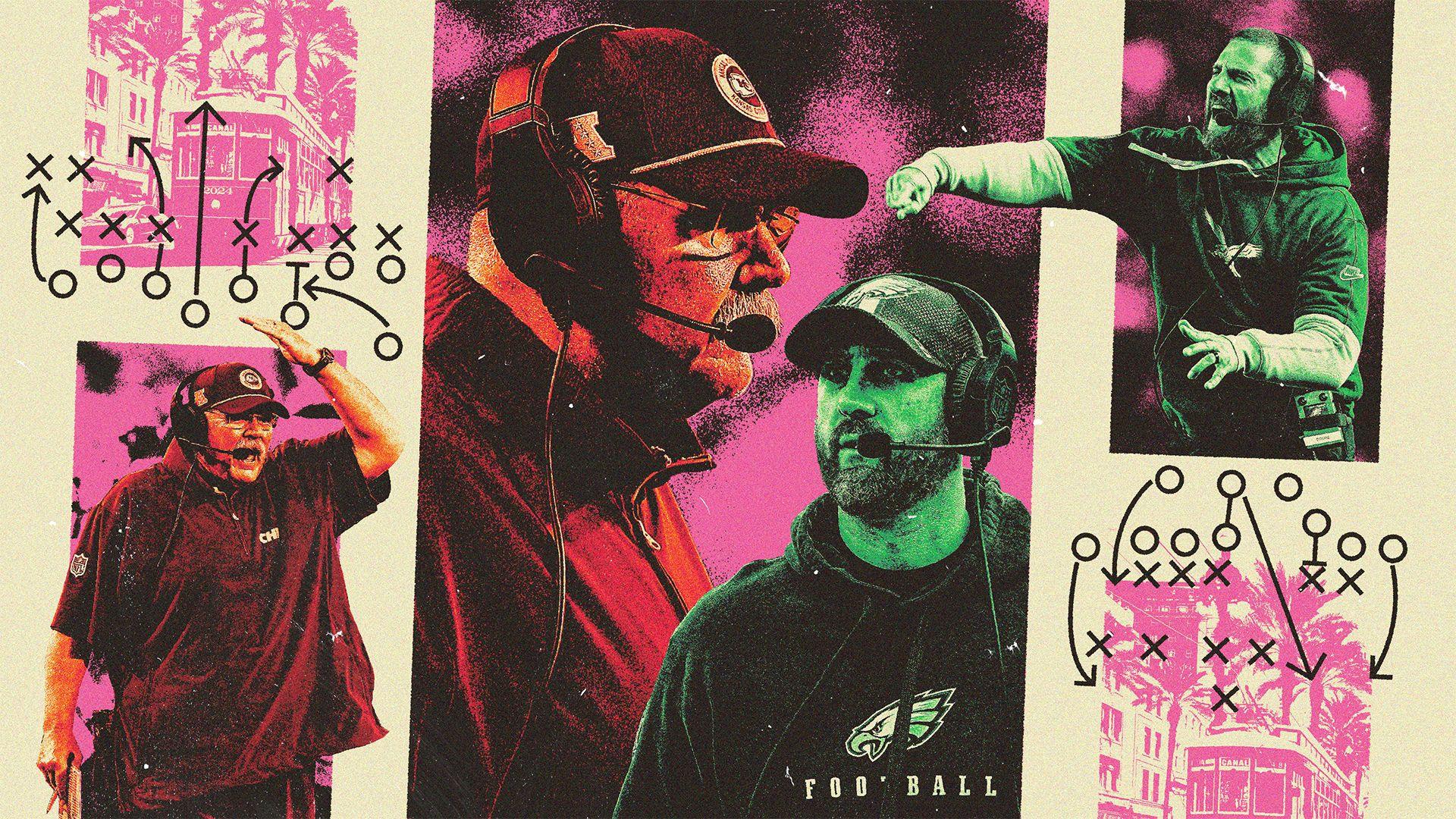 Eagles head coach Nick Sirianni and Chiefs head coach Andy Reid on a Super Bowl graphic