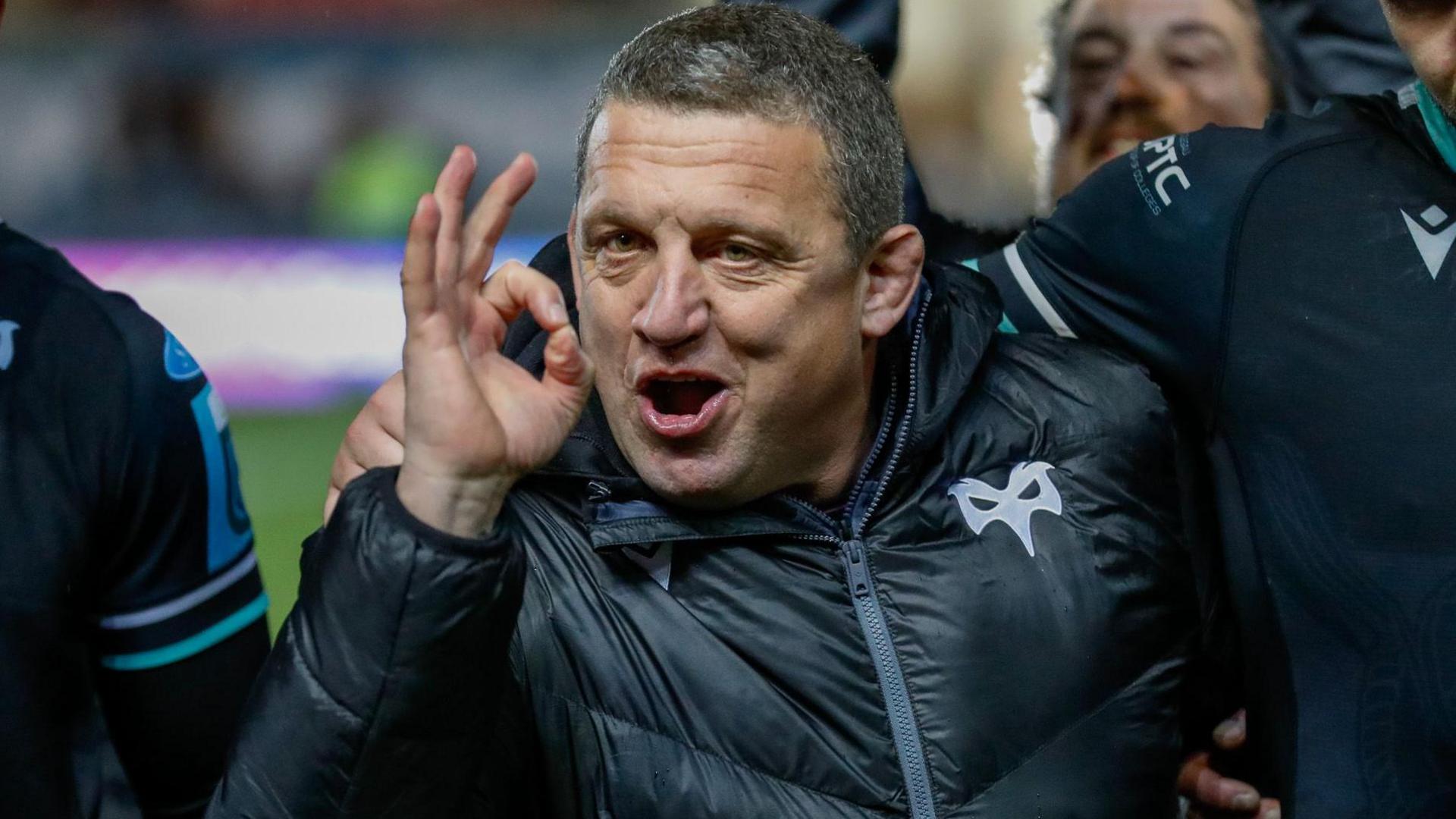 Toby Booth celebrates an Ospreys victory