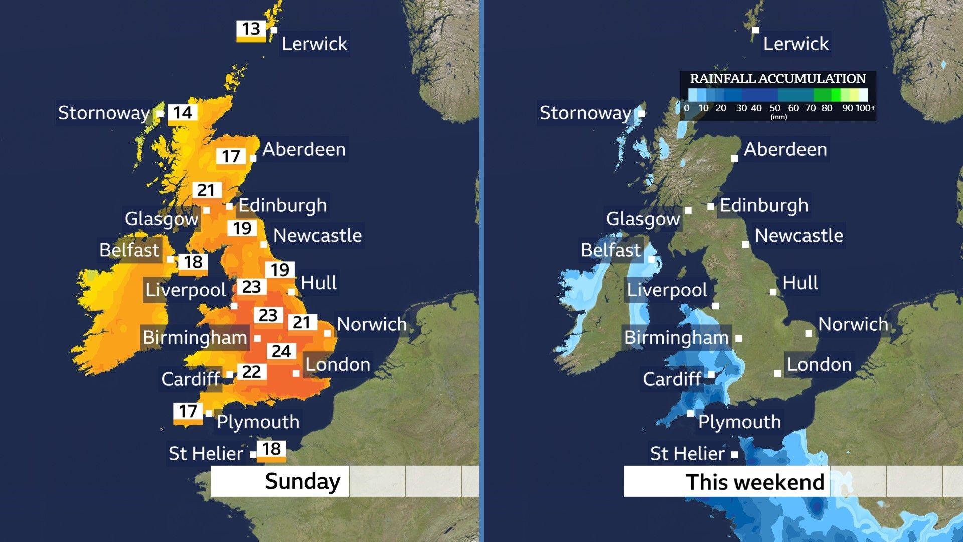 UK map showing maximum temperatures on Sunday next to a UK map showing rainfall accumulation this weekend