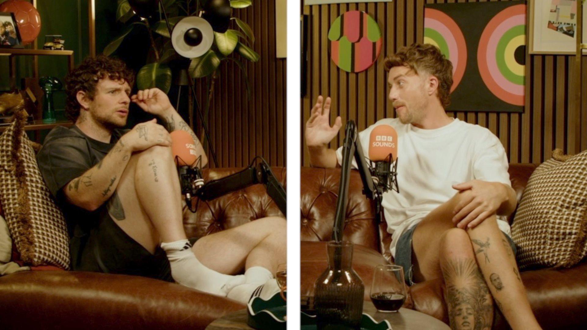 Splitscreen image of Tom and Roman talking to each other, each sitting on brown leather sofas in a comfortable studio.