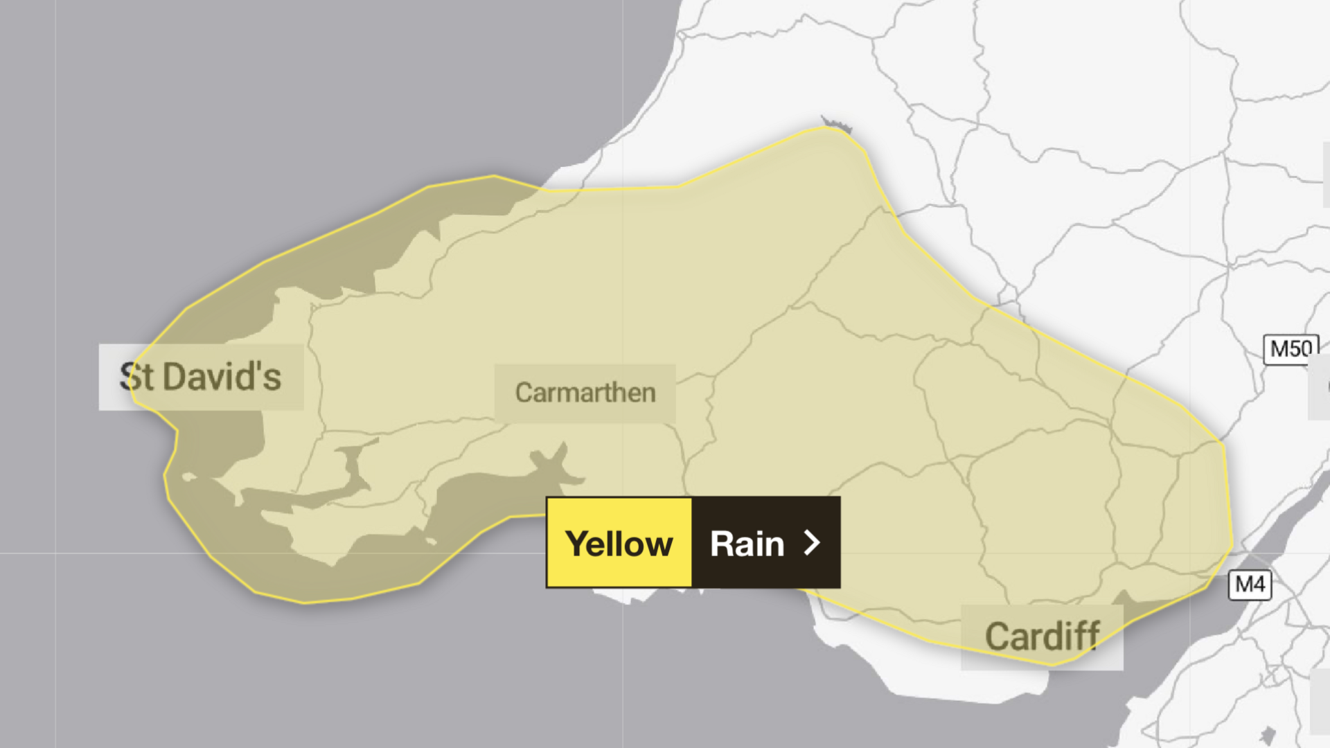 Map yn dangos rhybudd melyn gan y Swyddfa Dywydd am law trwm a all arwain at lifogydd. Mae'r map yn dangos ardal melyn dros dde a chanolbarth Cymru.