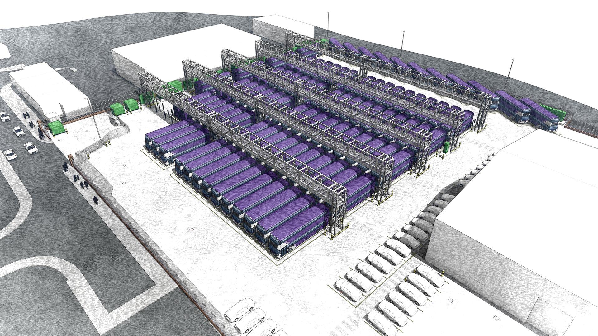 An artist's impression of the finished Hengrove depot. It is a white and grey drawing, showing the large site where the buses are kept. The electric buses are drawn in purple, and are lined up beside each other in six rows. Above them are metal bridge structures where the charging ports will be. 