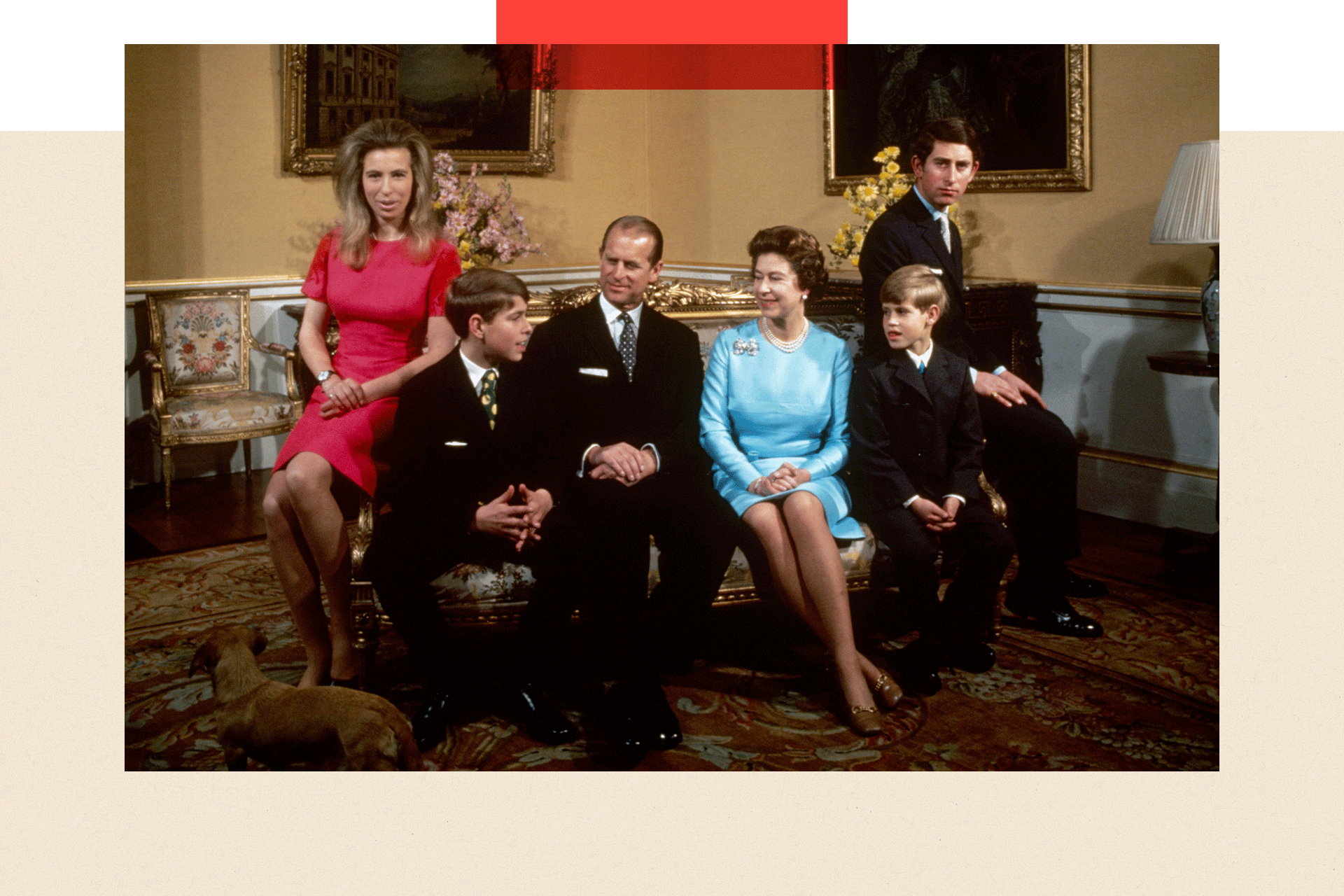 The Royal Family at Buckingham Palace, London, 1972. Left to right: Princess Anne, Prince Andrew, Prince Philip, Queen Elizabeth, Prince Edward and Prince Charles