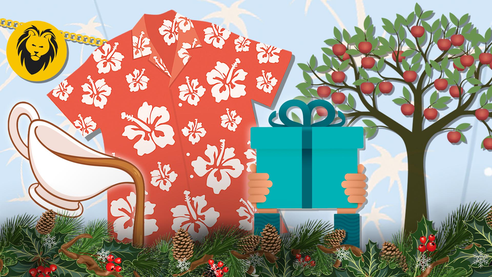 Illustration of a Hawaiian shirt, lion's head necklace, gravy boat, crab apple tree and hands holding a present