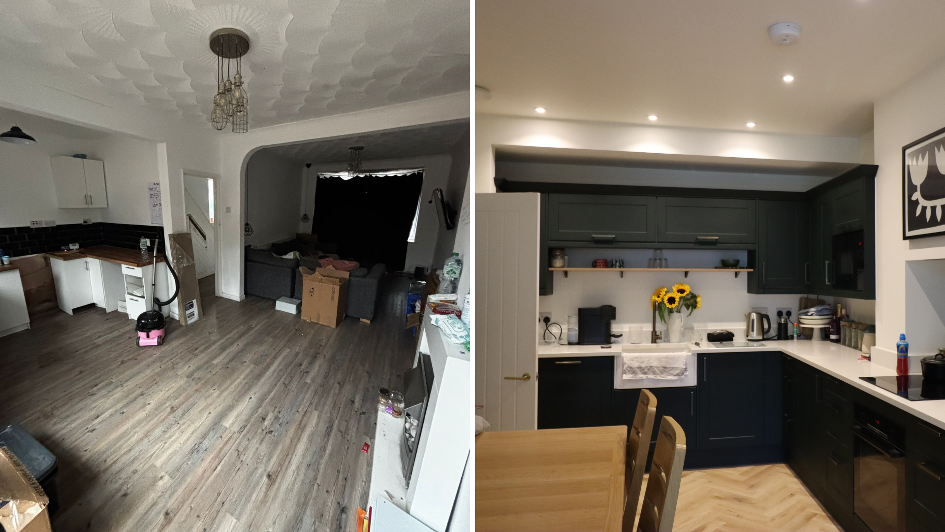 A before and after image showing the kitchen before with clutter and white cabinets with a grey floor. The after image shows a new navy kitchen with wooden floor.