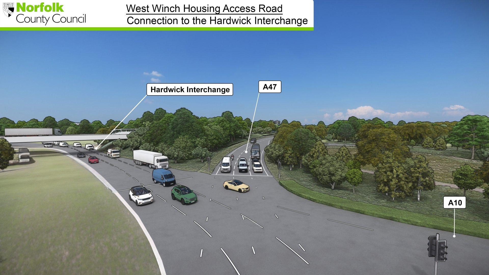 Computer generated simulation of how the new road will connect to the existing Hardwick Roundabout outside of King's Lynn.