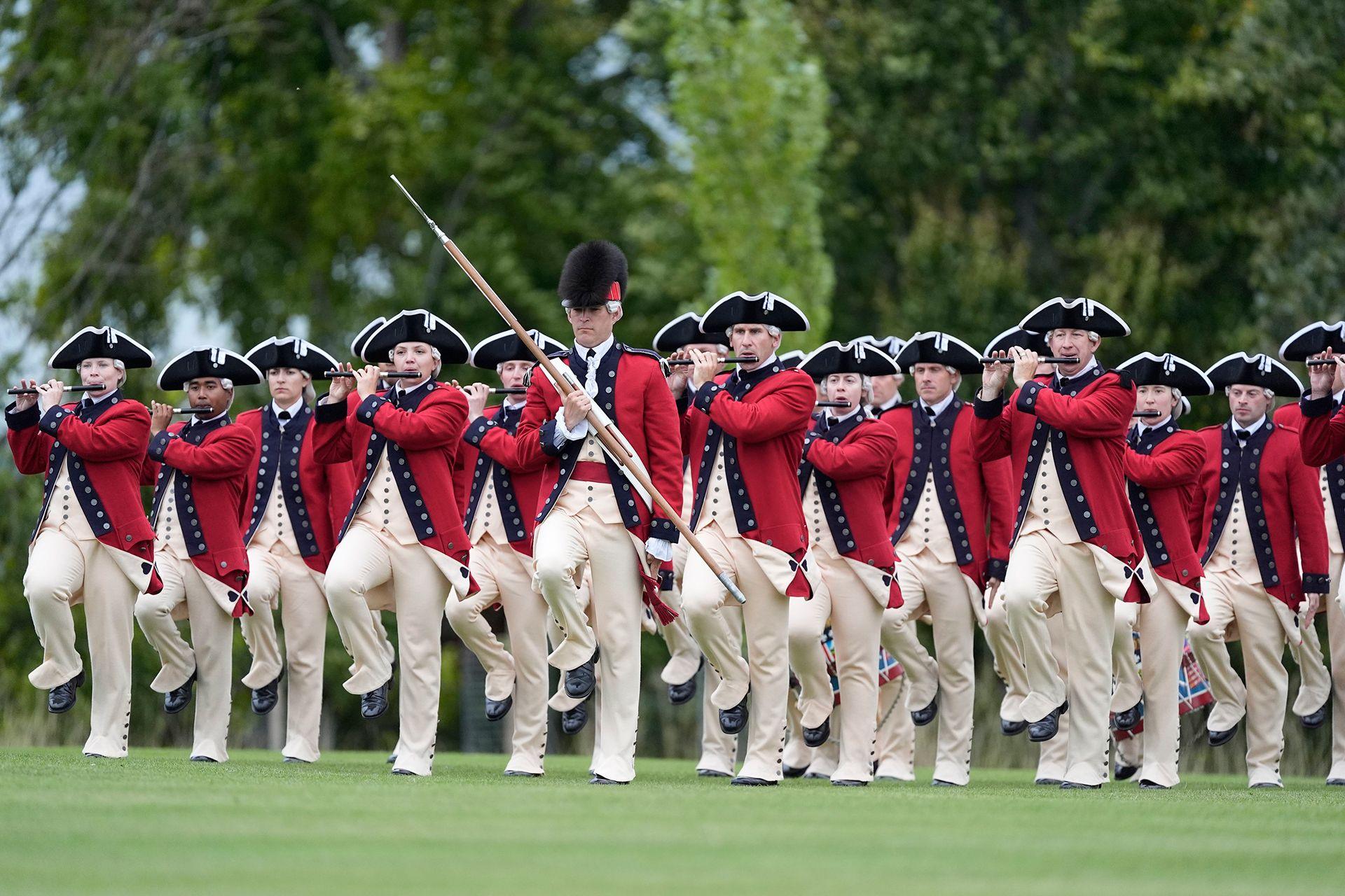 The United States Army Old Guard Fife and Drum Corps during a Beating Retreat military ceremony at Windsor Castle, Berkshire

