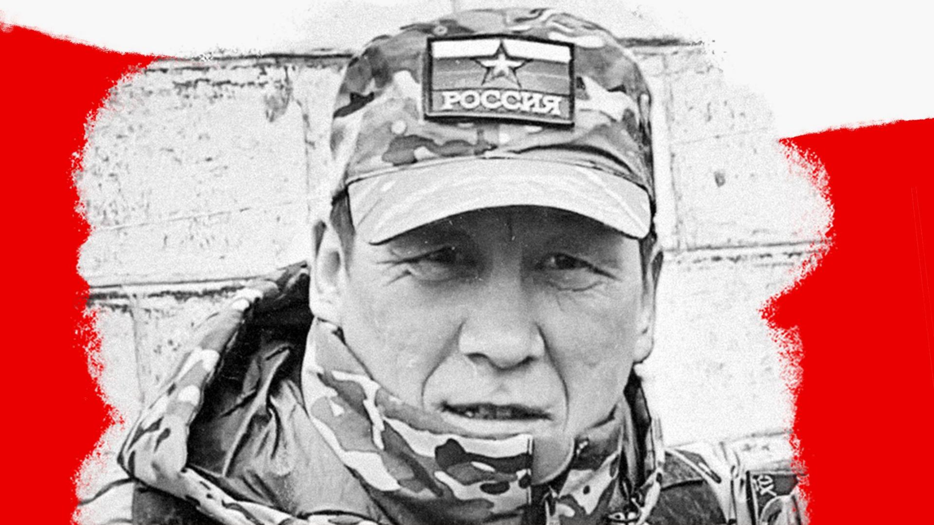 A composite image shows Vladimir Akeev in military fatigues and in the background is a cemetery with crosses and flowers