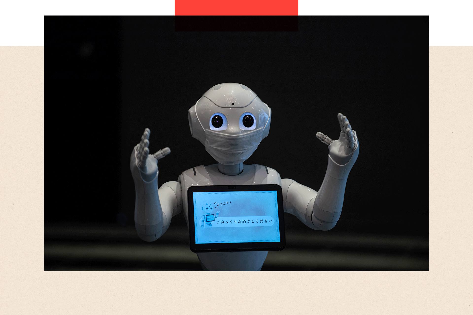 A greeting robot with its two arms in front, with a mask on and a screen on its front