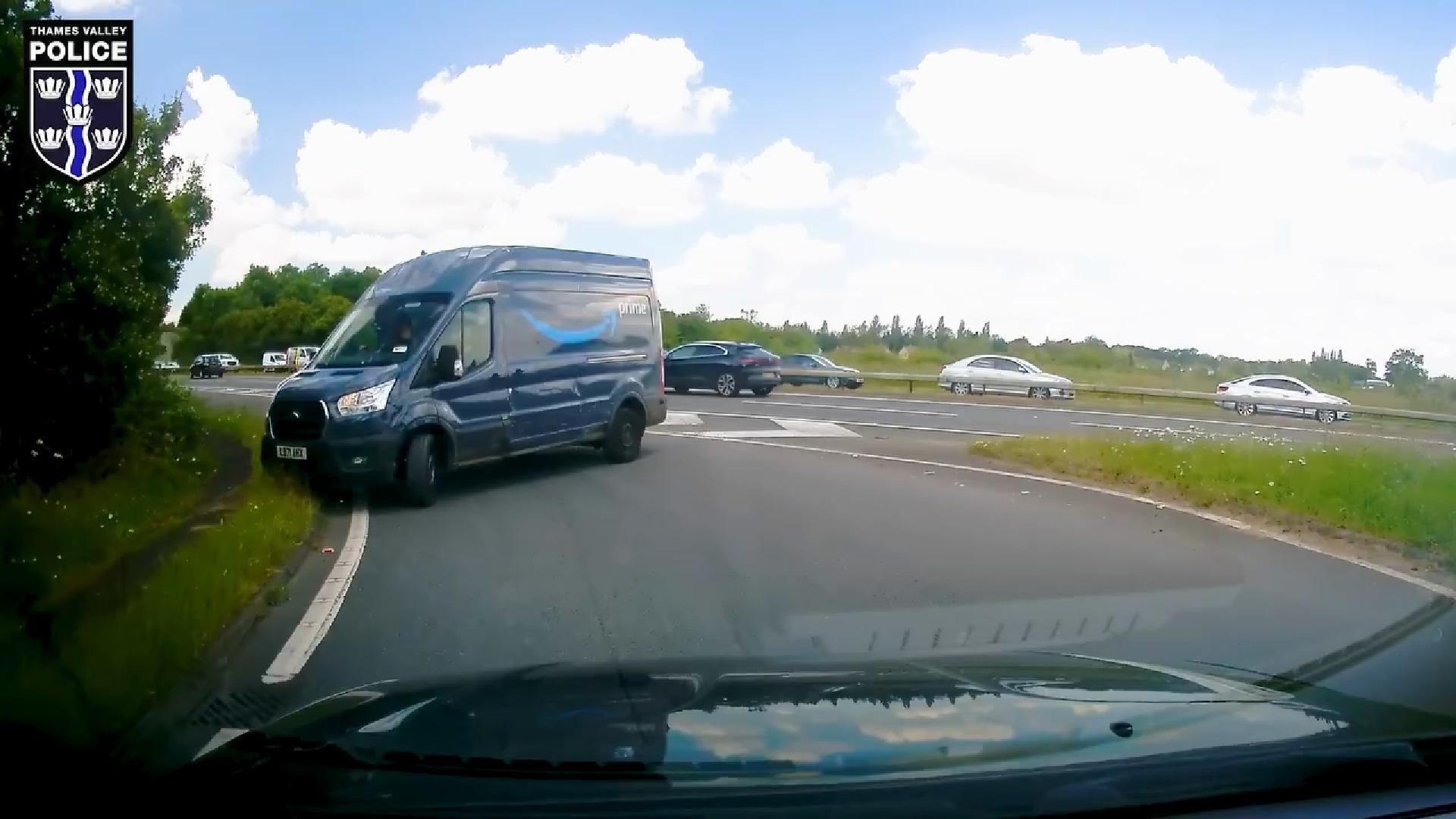 Grey amazon van stopped across a slip road onto the A34.