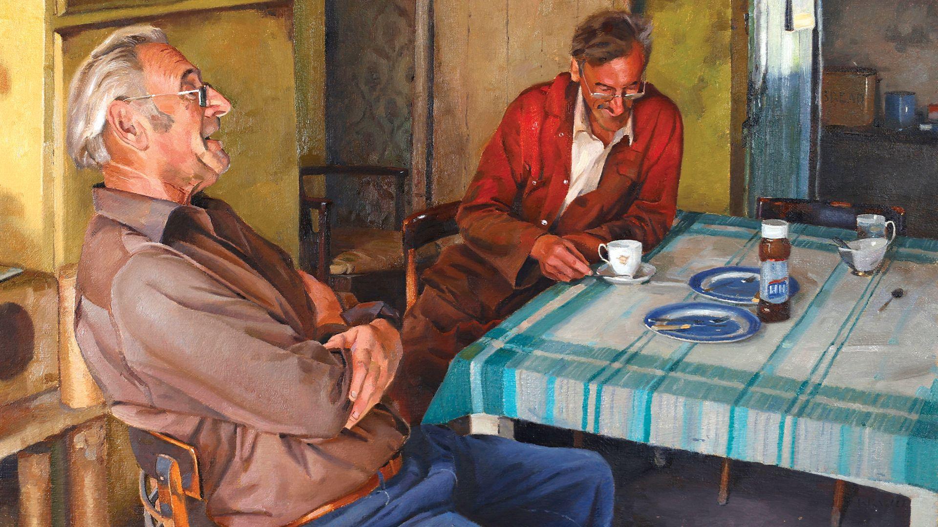 A Kieron Williamson painting depicting two older men chatting at a dining table, with tea cups, empty plates and a bottle of brown sauce on top.