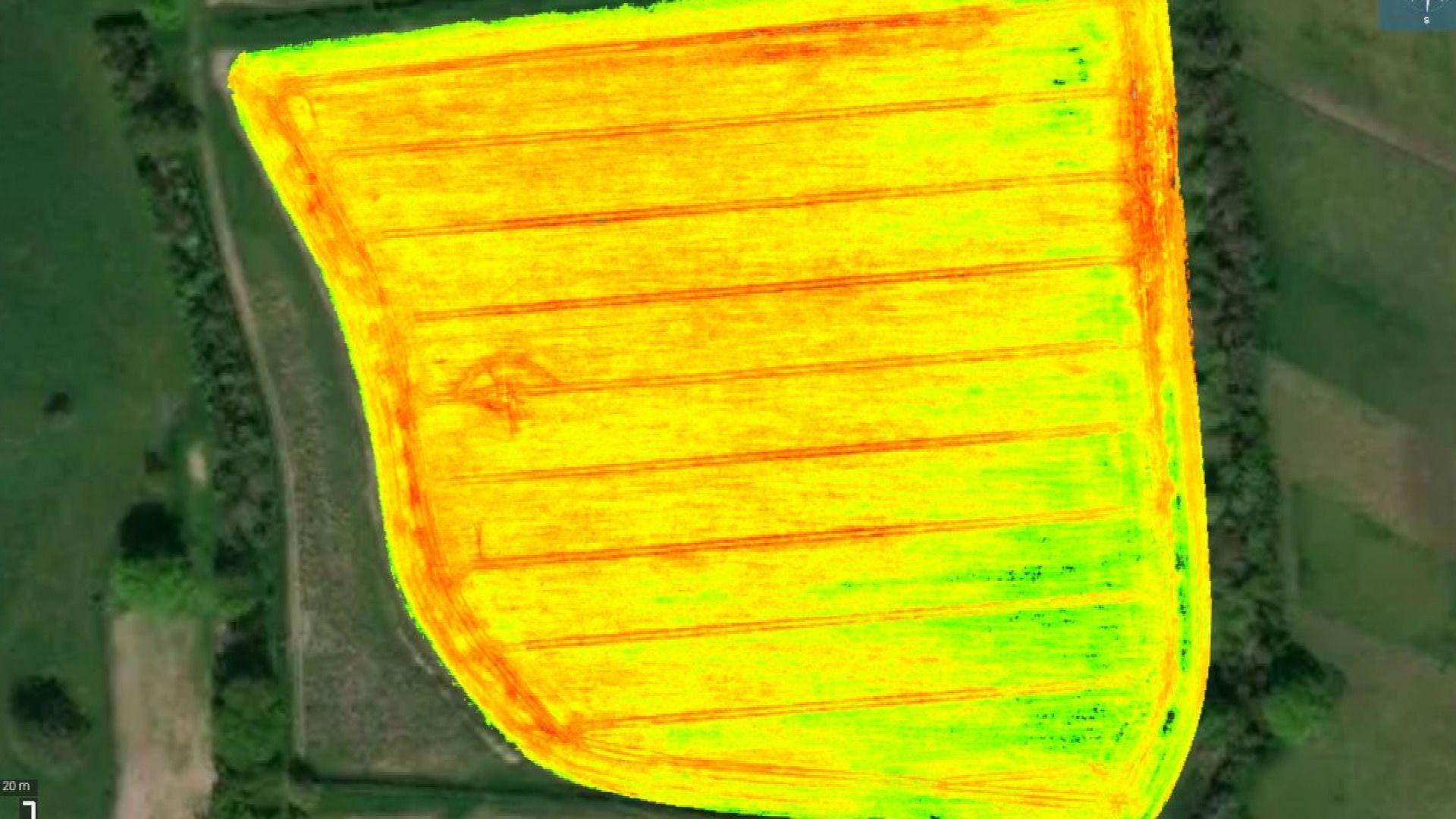 A field mapped by a drone shows the crops as different colours depending on the health of the plants