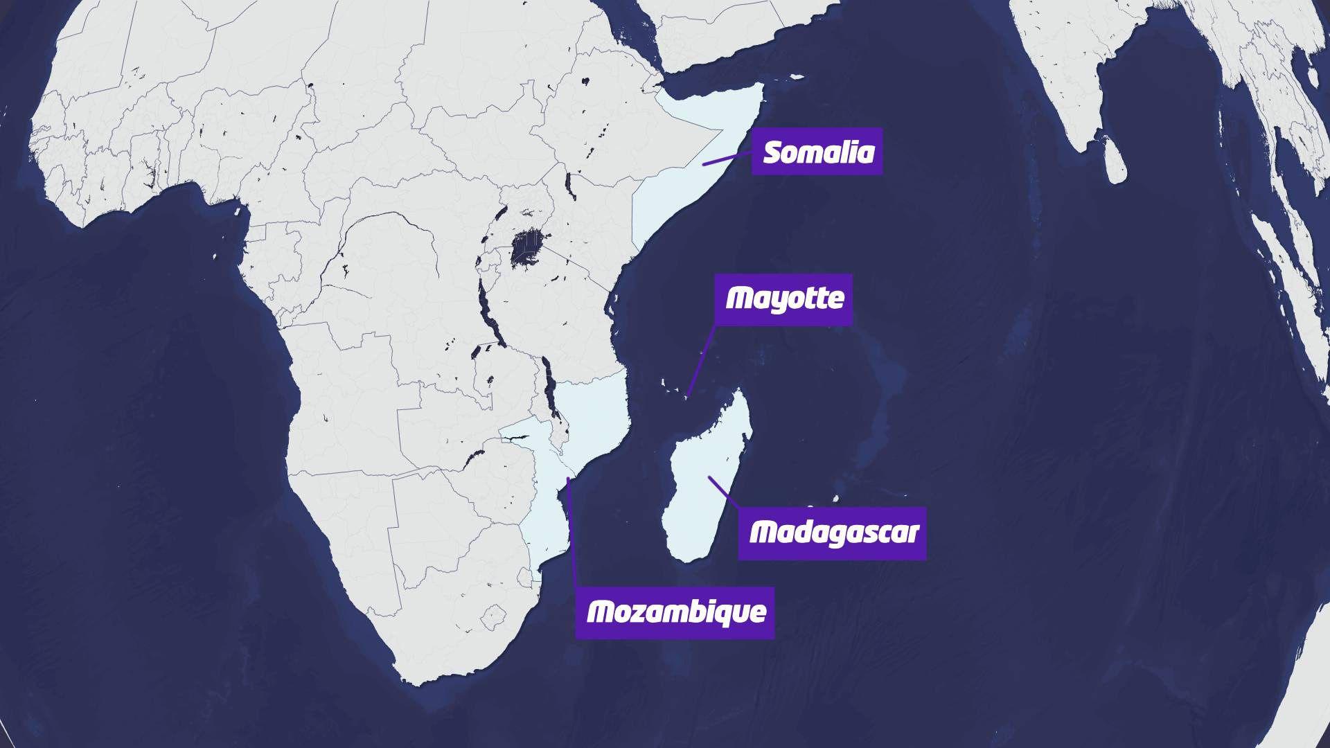 Map of where Mayotte is off the coast of Africa. Mayotte is labelled. So are Somalia, Mozambique and Madagascar. 