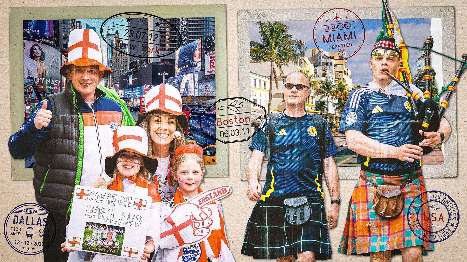 Visual of a family of England supporters and pair of Scotland fans on a background of a postcard that depicts New York and Miami as 2026 World Cup host cities