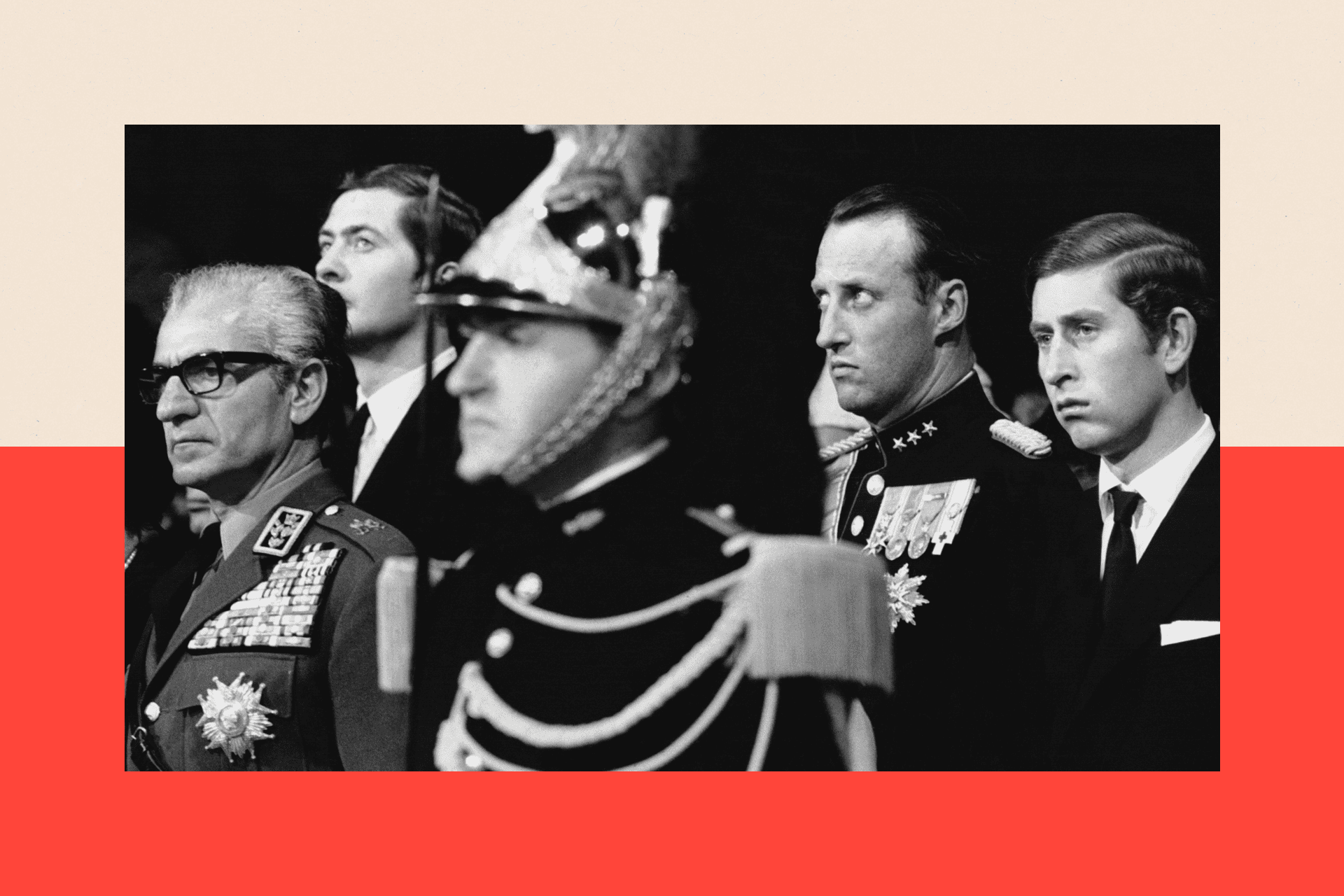 The Shah of Iran, Prince Charles and Prince Harald of Norway attend Mass for General de Gaulle at Notre Dame, on 13 November 1970 in Paris, France.