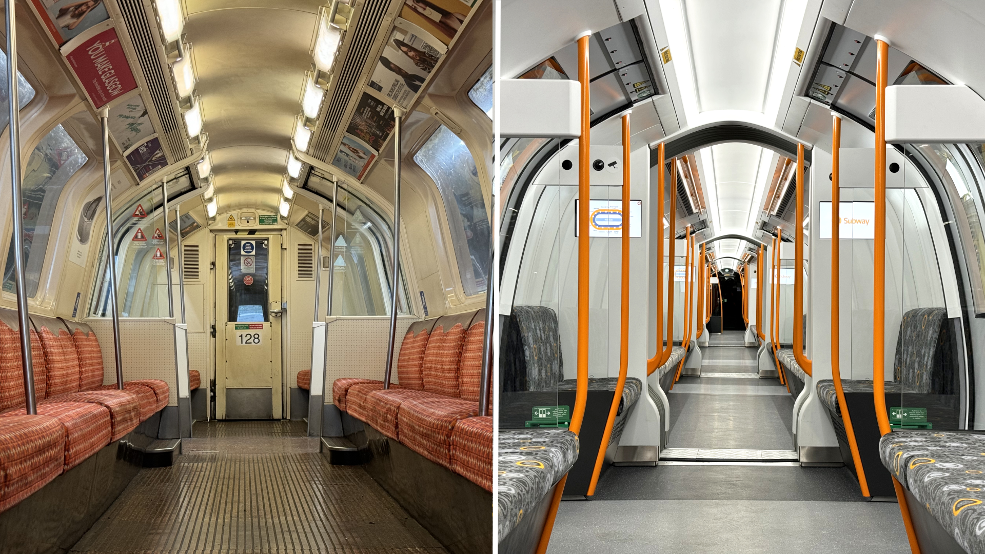 Side by side of old subway interiors and new subway trains