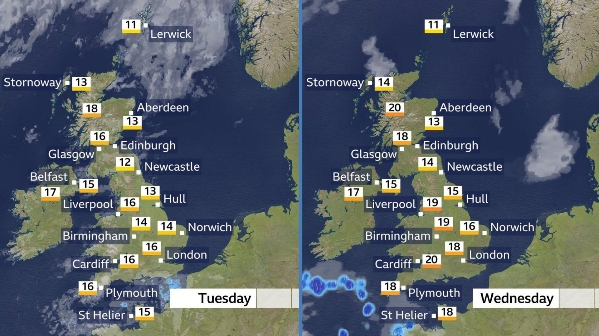 Two weather maps showing temperatures across the UK on Tuesday and Wednesday