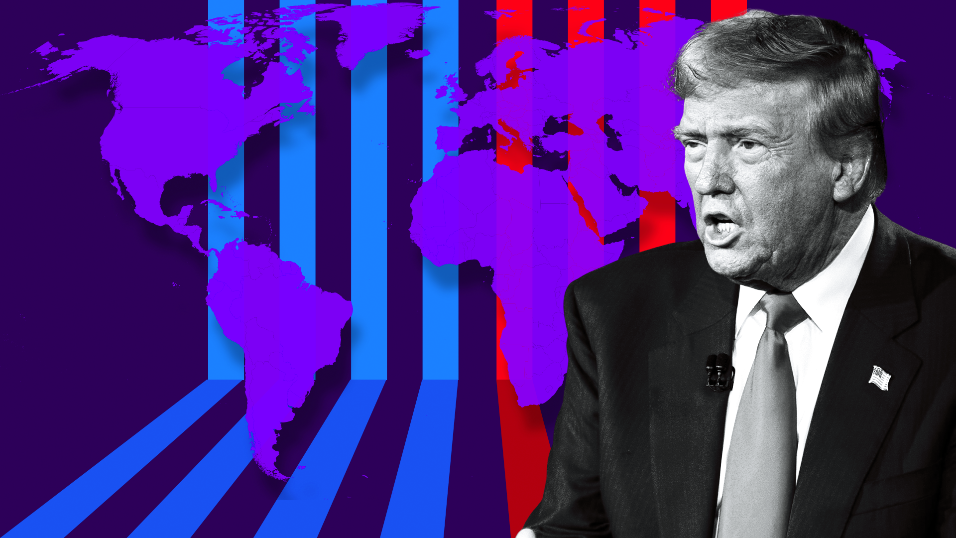 Design image of Trump and a coloured map of the world