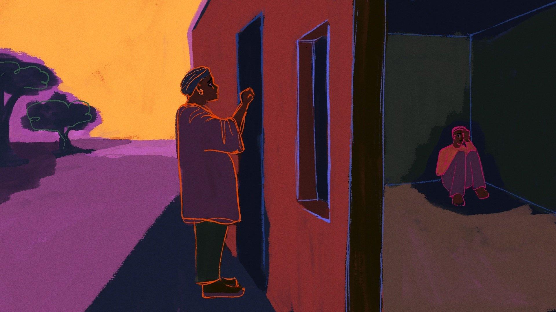 illustration of Thembi knocking on door