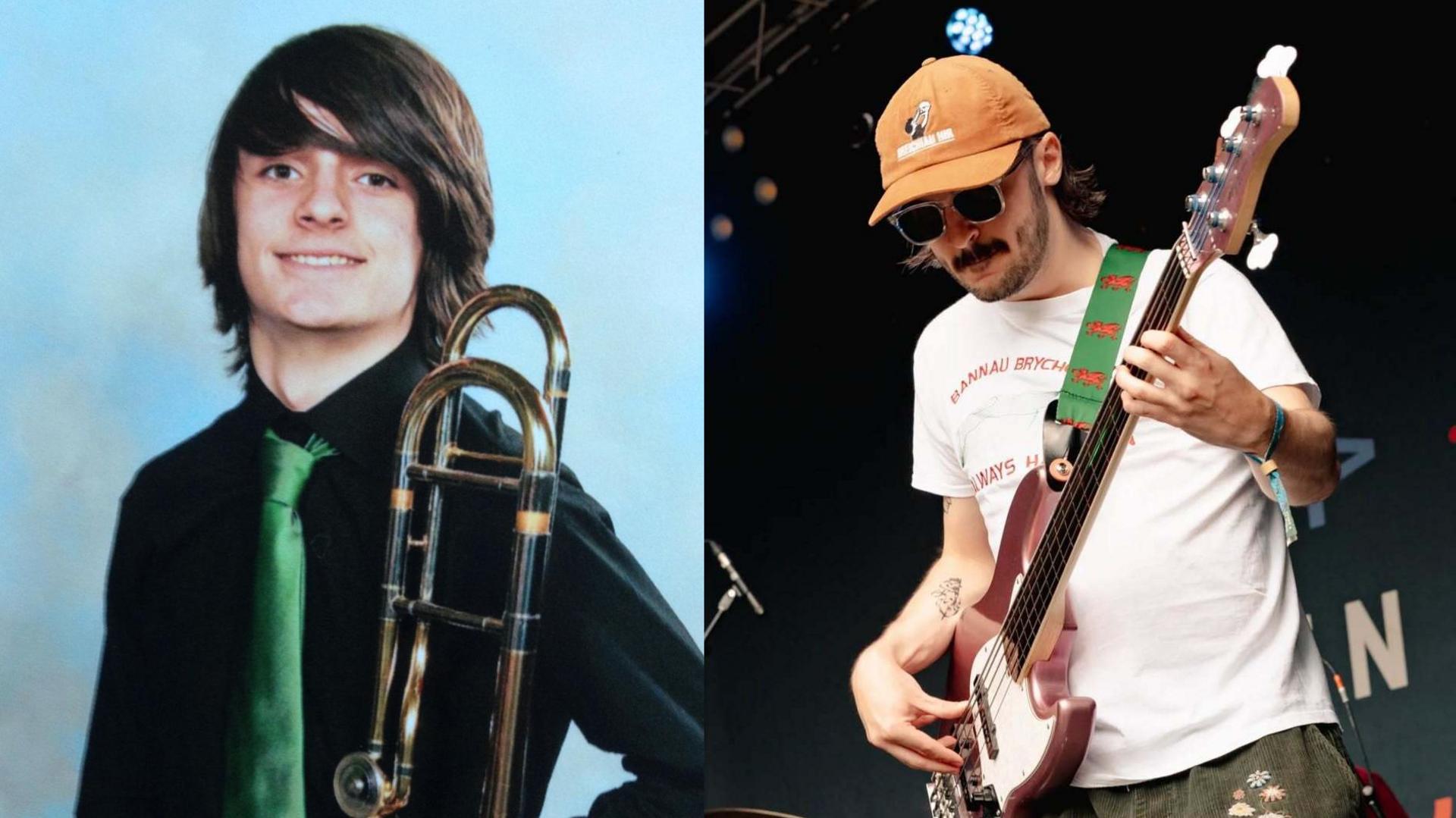 Ioan Gwyn yn ei arddegau gyda trombon bas ac yn ddiweddar gyda gitar fas