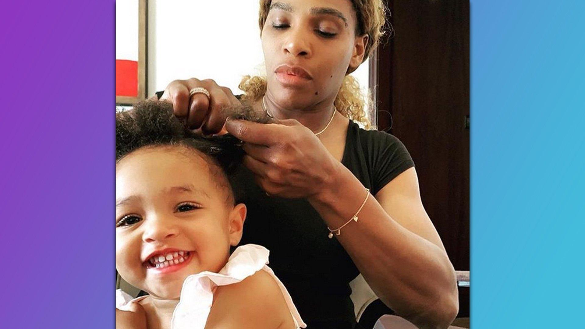 Serena Williams plaiting her daughter Olympia's hair.