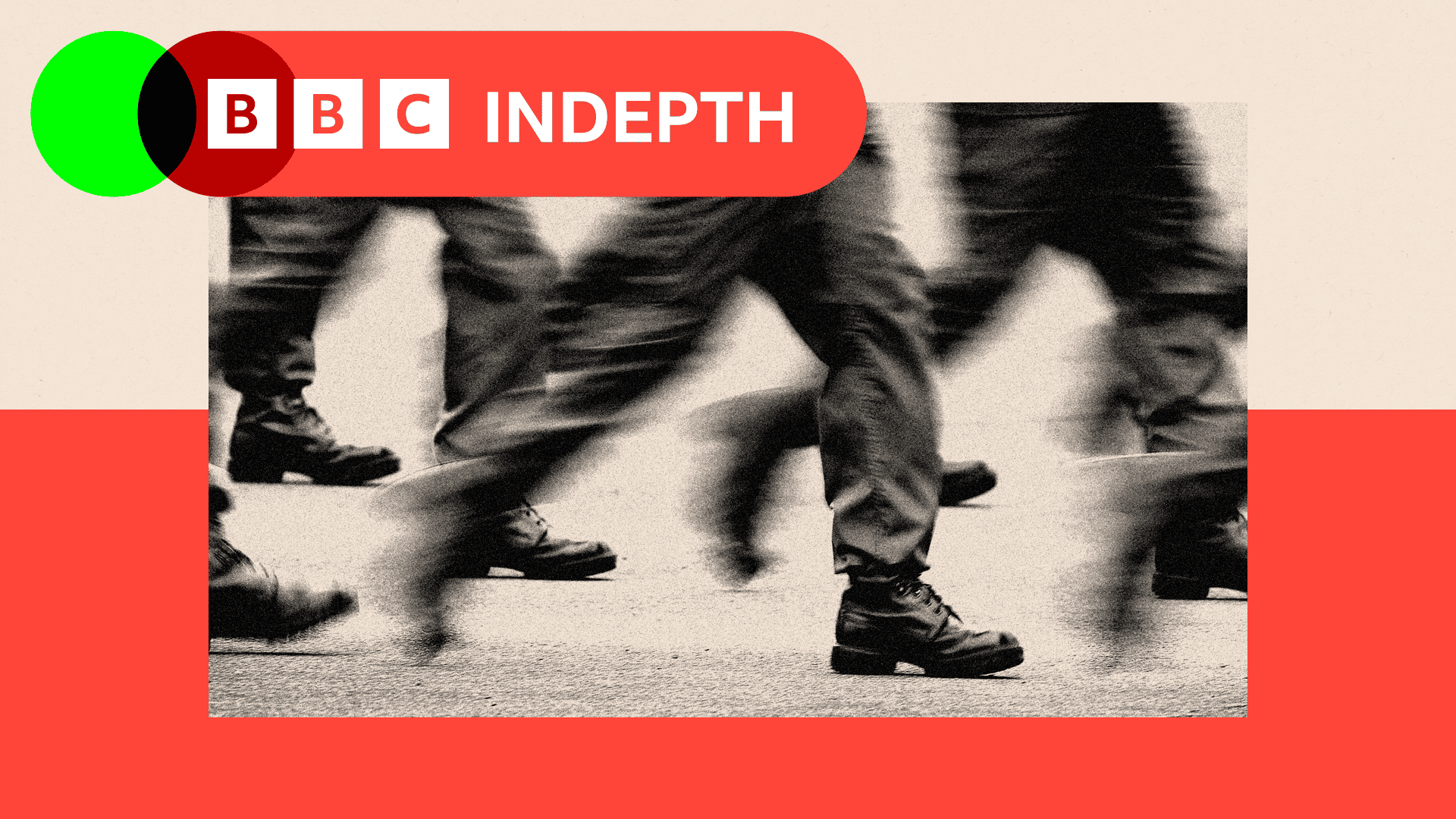 A treated image treated image of soldiers walking, with only their lower legs visible 