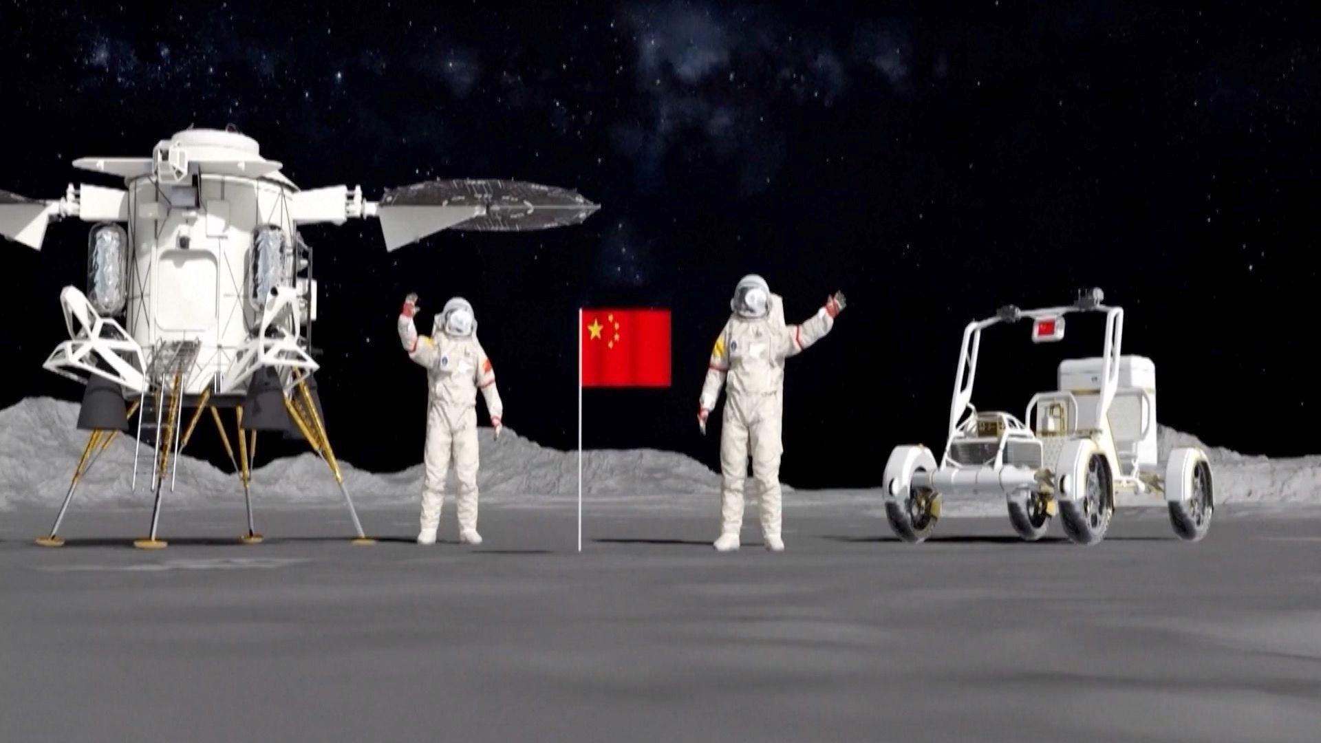 a computer generated image of two astronauts and other space equipment on the moon, as well as the Chinese flag